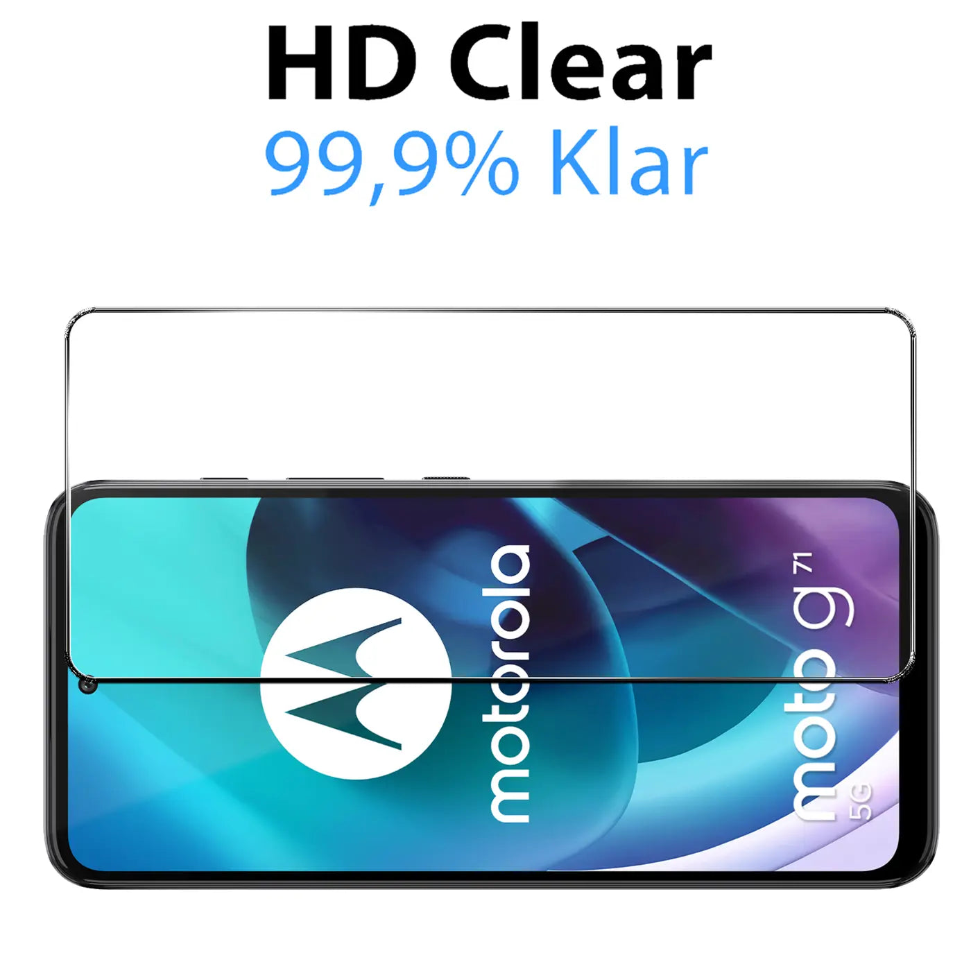 Klares Panzerglas für Motorola Moto G71 5G, von oben auf das Display gelegt, mit "HD Clear 99,9% Klar" Text.