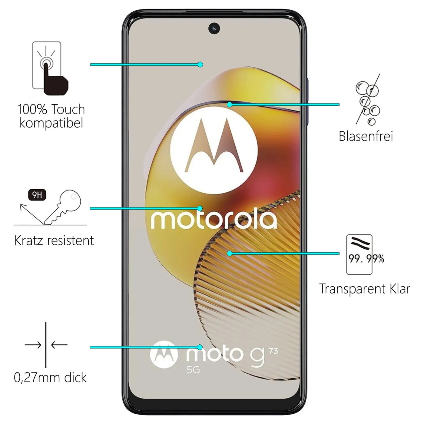 Schwarzes Motorola Moto G73 5G Smartphone frontal mit Display-Schutzfolie und Produktmerkmalen daneben.
