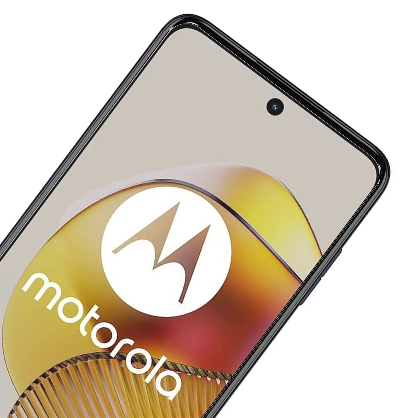 Nahaufnahme des oberen Bereichs eines schwarzen Motorola Moto G73 5G Smartphones mit Display und Frontkamera, schräg von.
