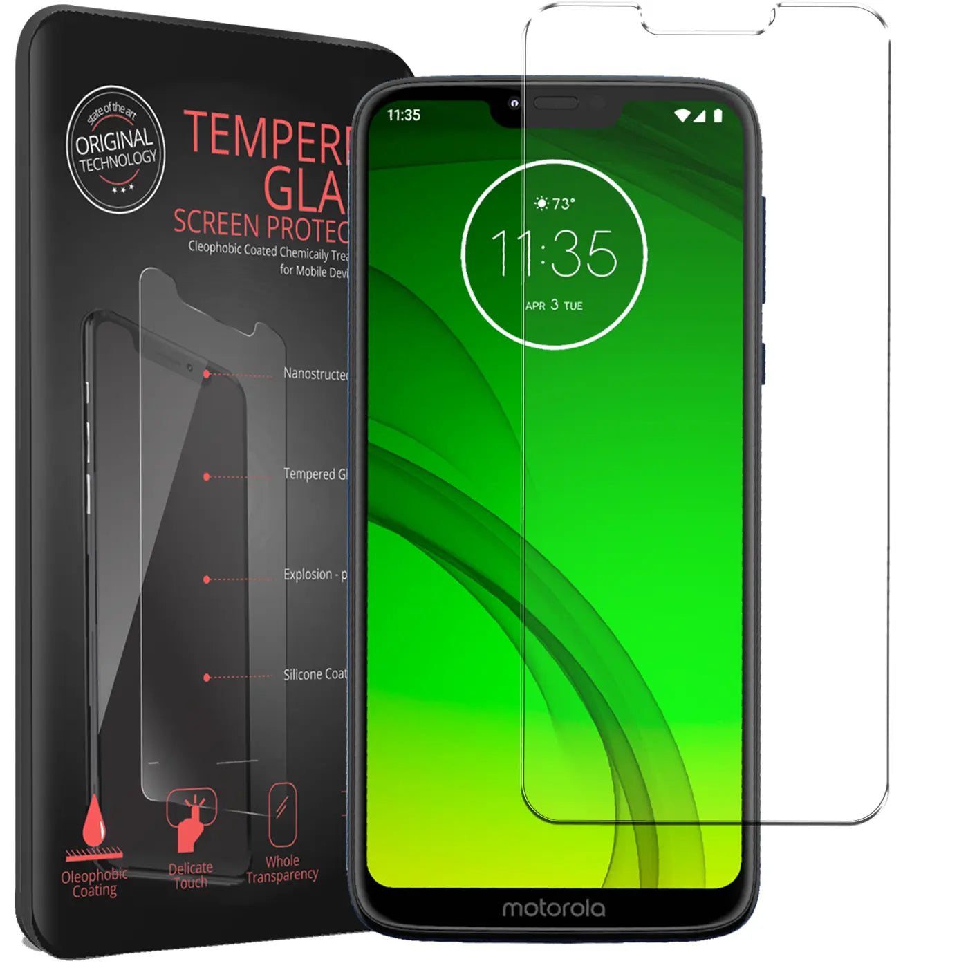 Schwarzes Motorola Moto G7 Power Smartphone mit grünem Display, daneben eine transparente Panzerglasfolie und schwarze.
