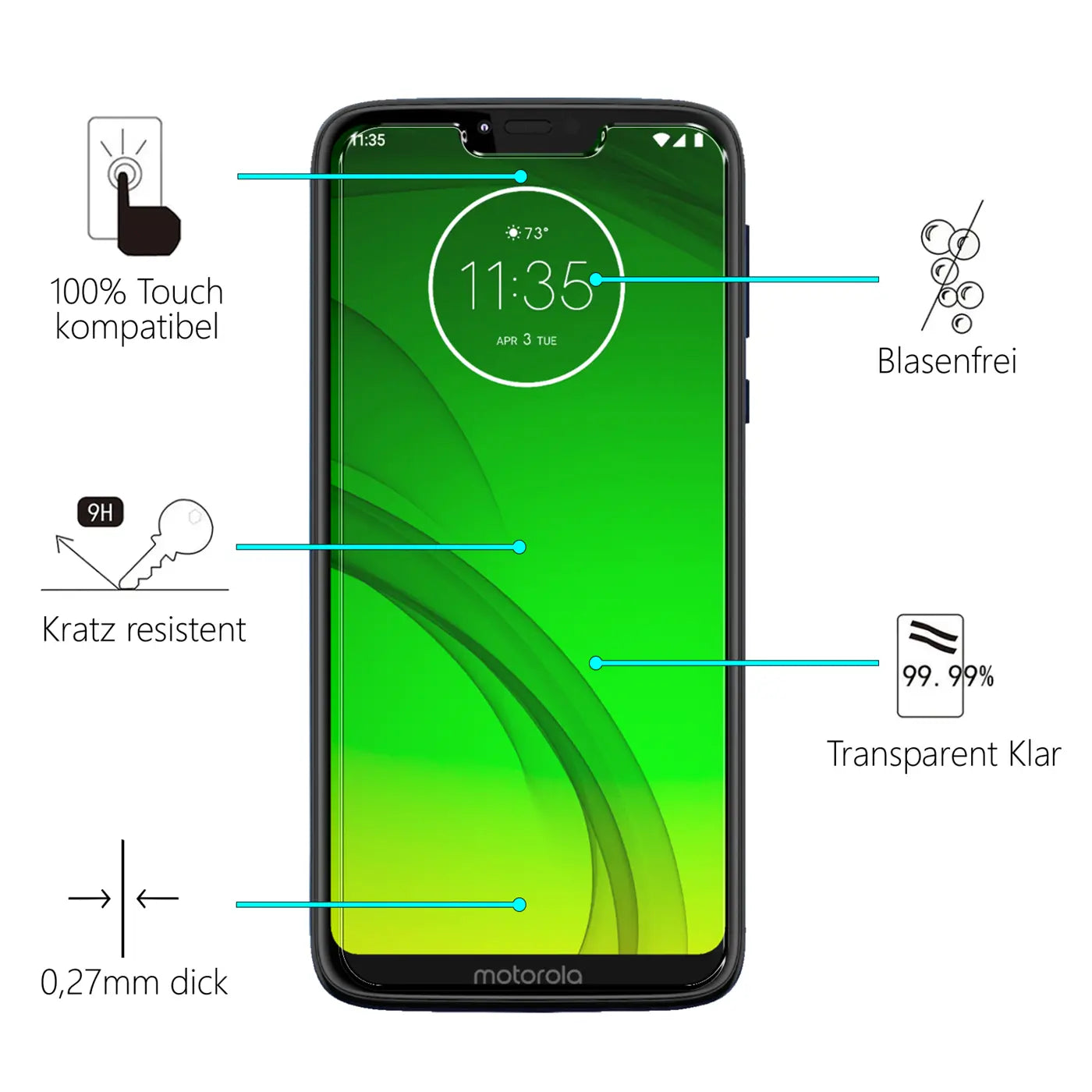 Schwarzes Motorola Moto G7 Power Smartphone frontal mit transparentem Panzerglas-Displayschutz und Beschreibungen der.