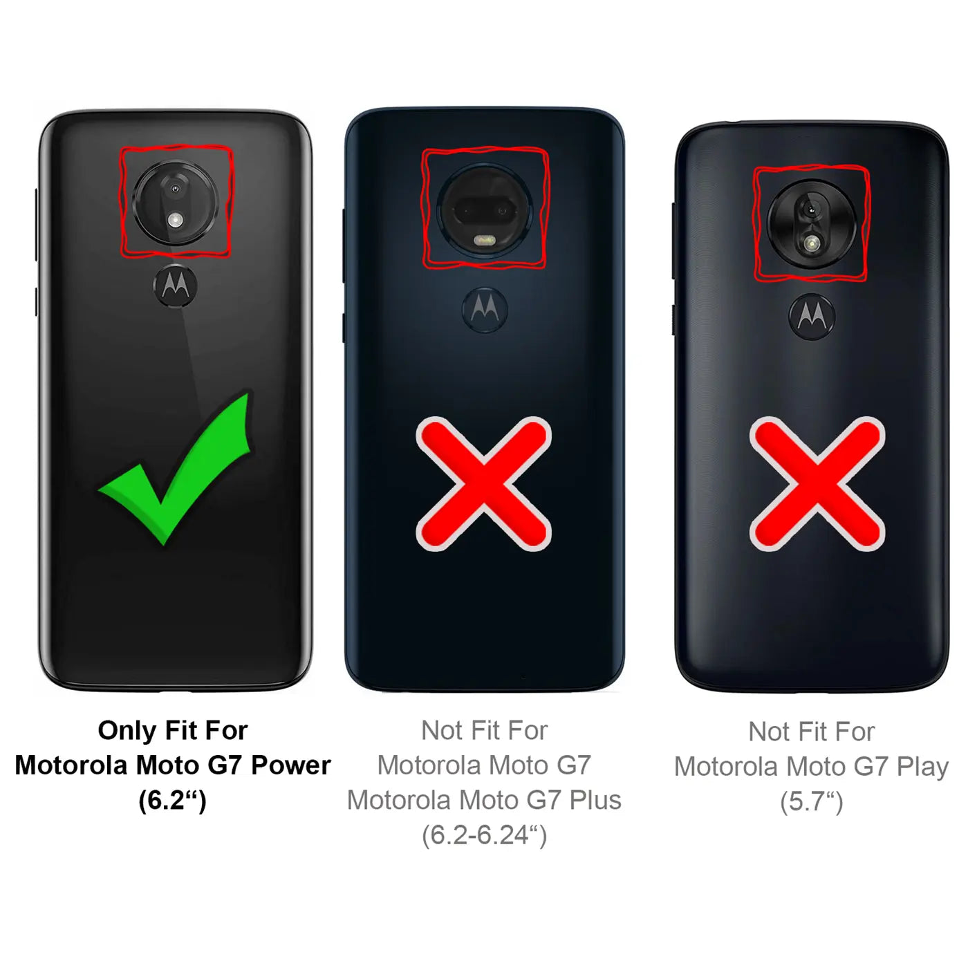 Drei schwarze Motorola Moto G7 Rückseiten von oben: links mit grünem Haken, Mitte und rechts mit rotem X.