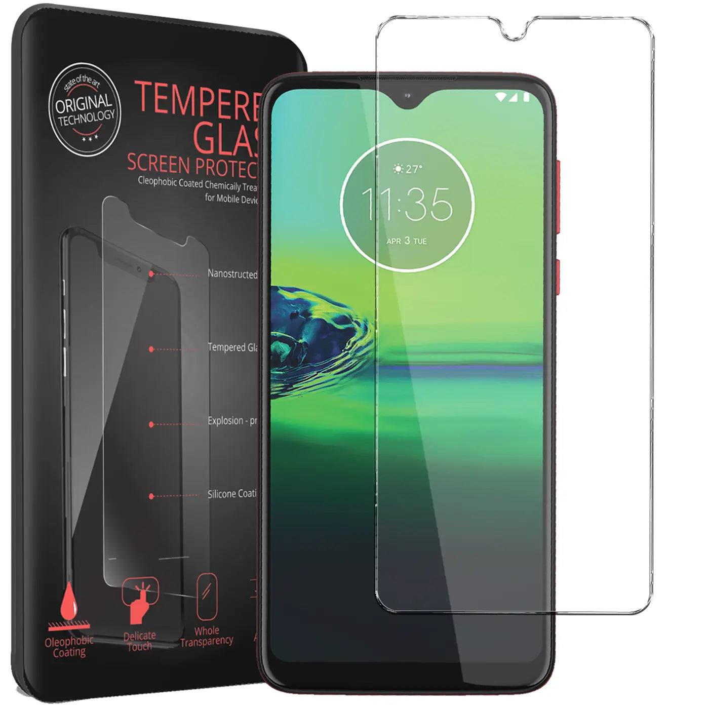 Schwarze Verpackung, Motorola Moto G8 Play Smartphone und zwei transparente Panzerglas-Displayschutzfolien.