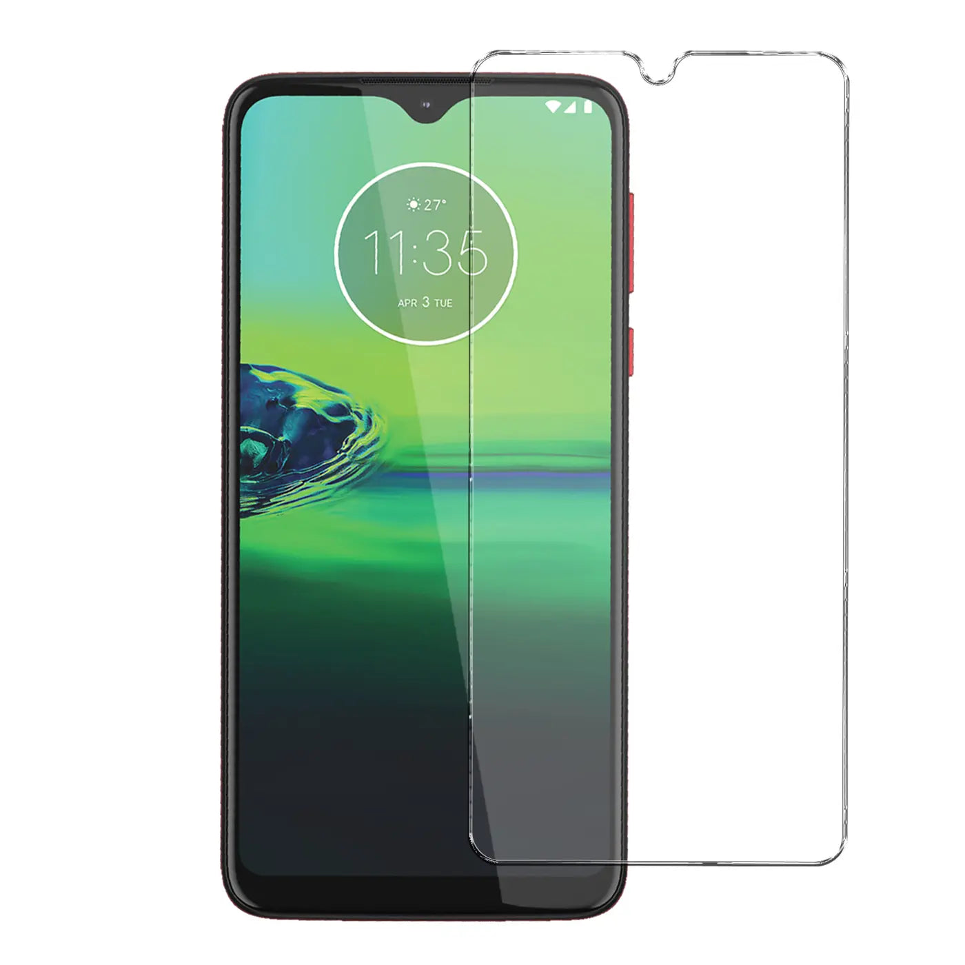 Motorola Moto G8 Play Smartphone mit schwarzem Rahmen und rotem Knopf, daneben ein transparentes Panzerglas. Frontansicht.
