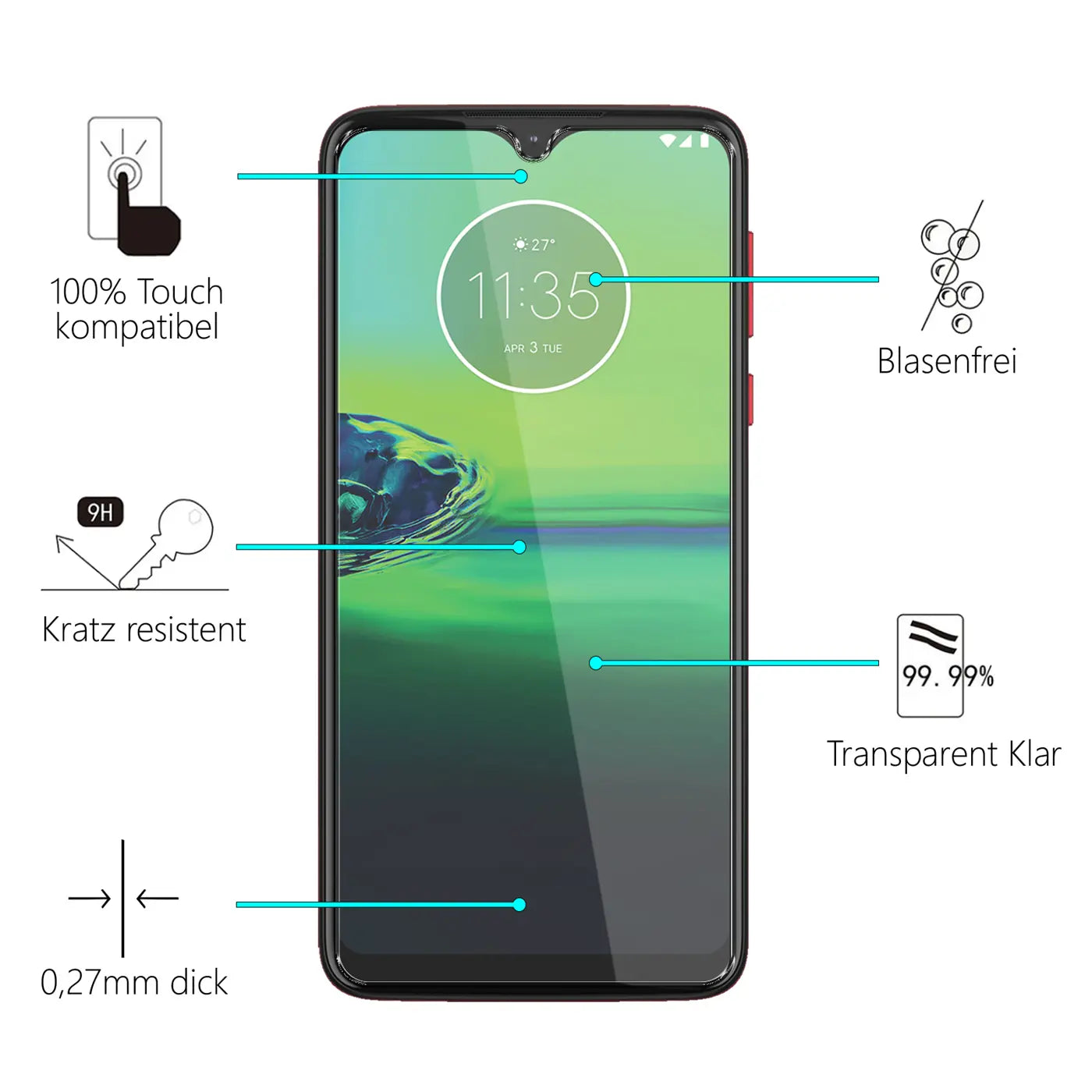 Motorola Moto G8 Play Smartphone, schwarz, frontal mit transparentem Panzerglas-Displayschutz und Eigenschafts-Icons.