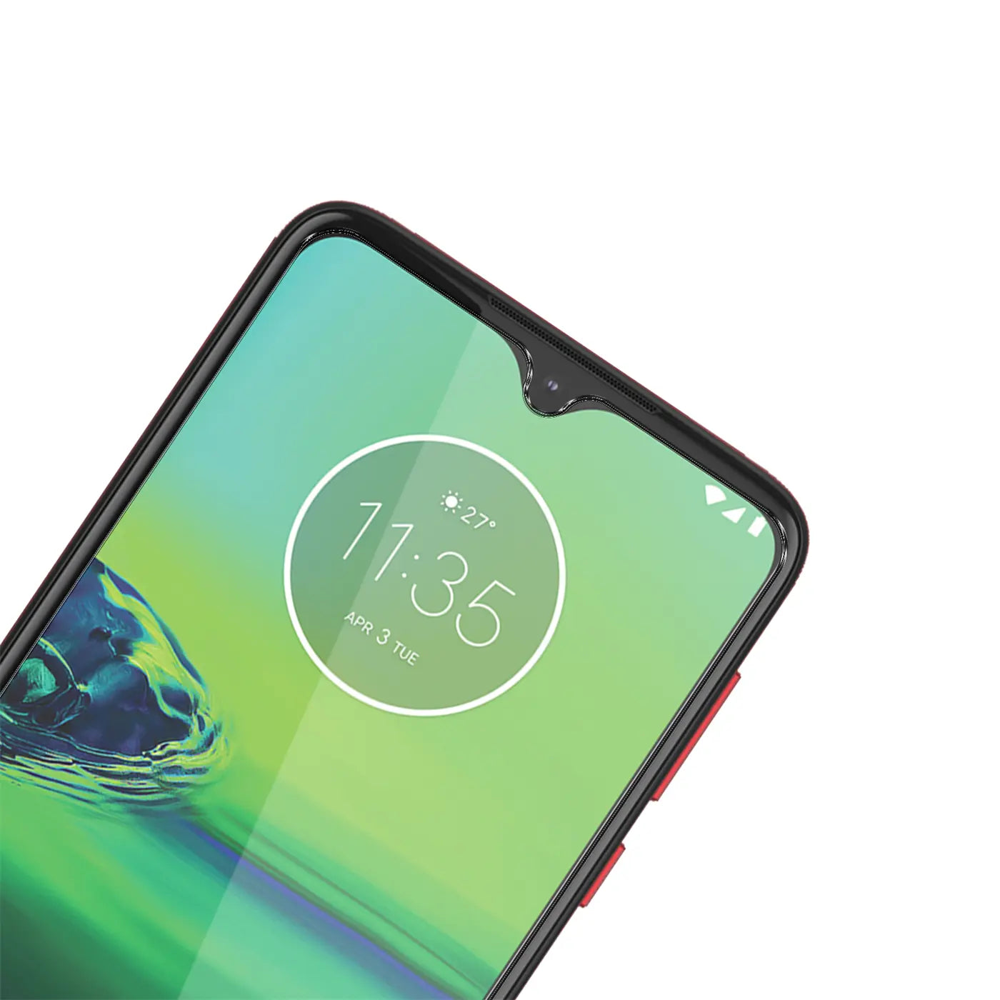 Nahaufnahme eines Motorola Moto G8 Play Smartphones mit schwarzem Rahmen und roten Tasten, schräg von oben.