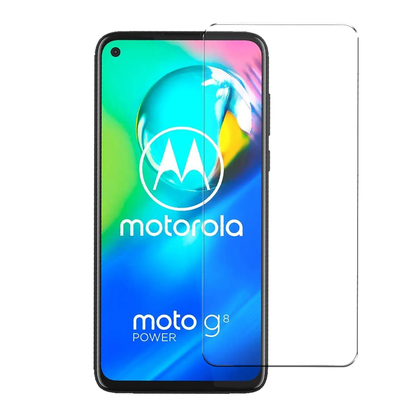 Motorola Moto G8 Power Smartphone mit schwarzem Rahmen, Display zeigt Motorola-Logo. Rechts daneben ein Panzerglas.