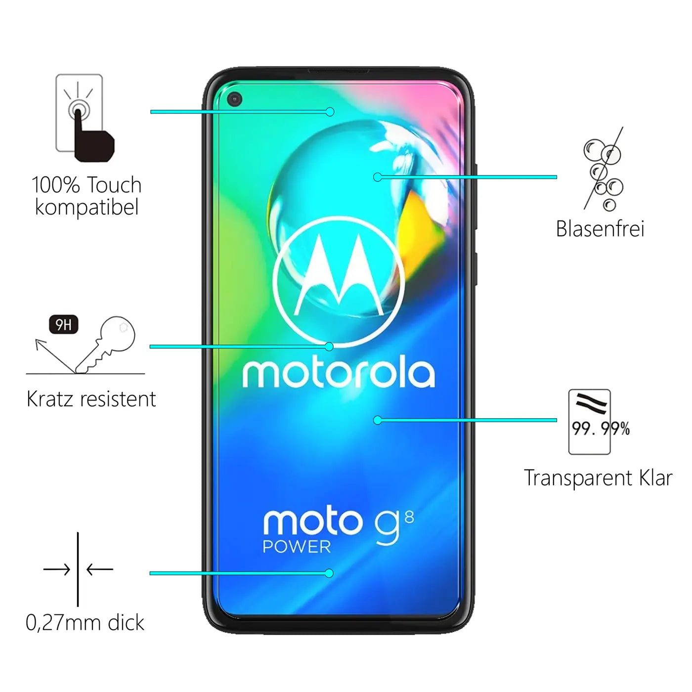 Schwarzes Motorola Moto G8 Power Smartphone von vorne mit blauem Display und weißen Texten. Eigenschaften des Panzerglases.