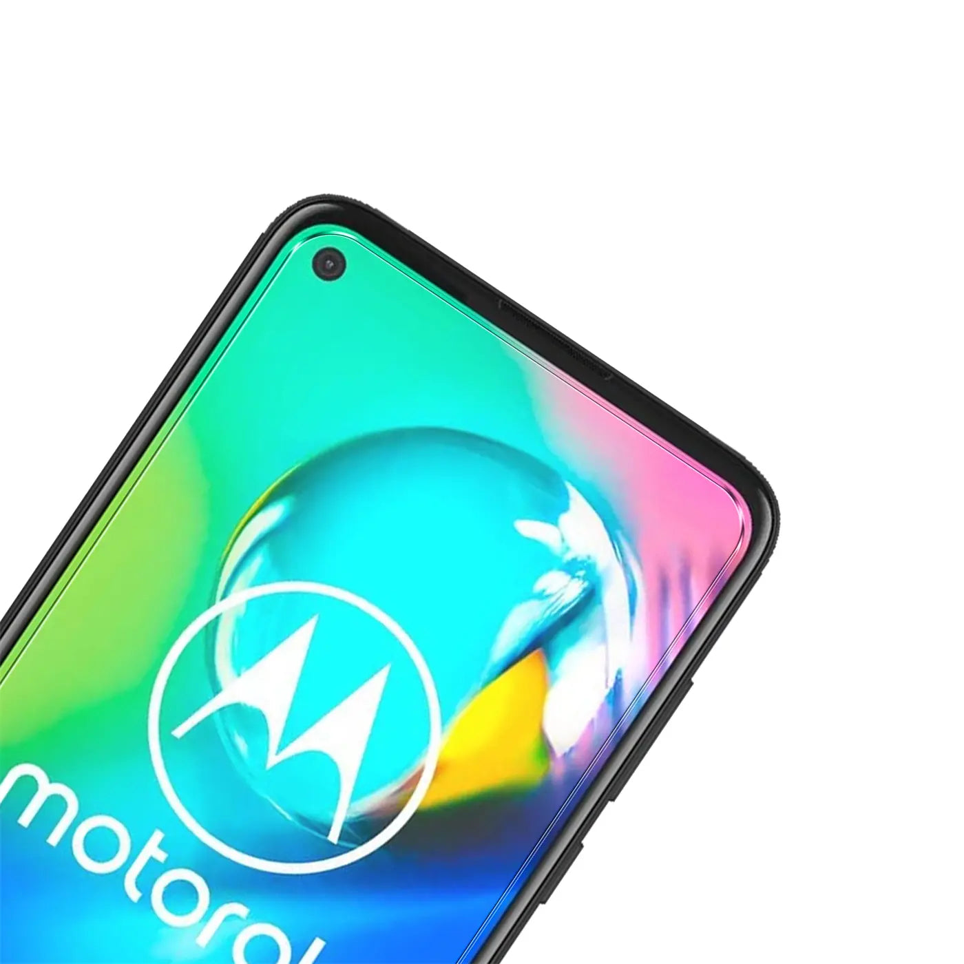 Nahaufnahme des oberen Teils eines schwarzen Motorola Moto G8 Power Smartphones mit farbigem Display und Motorola-Logo.
