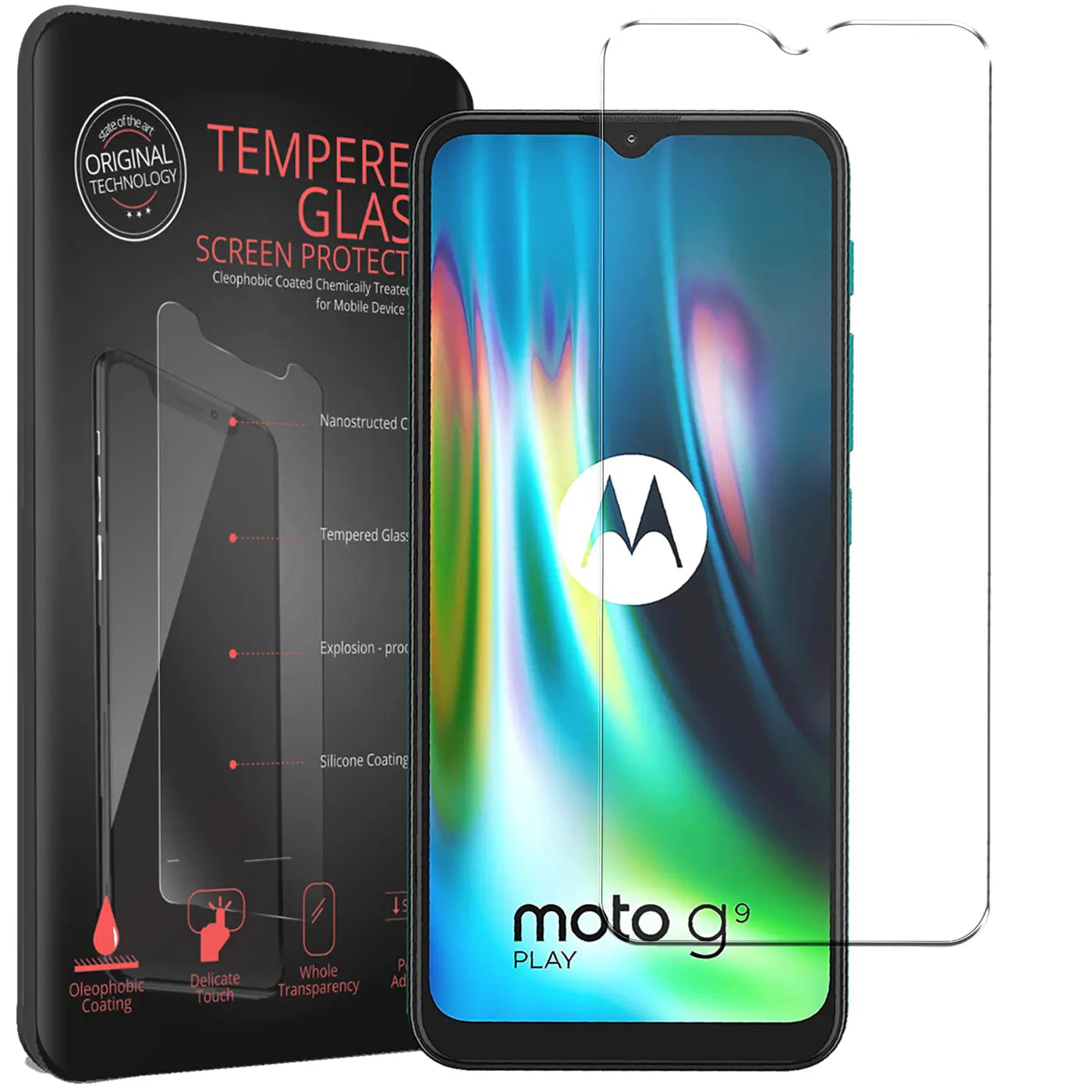 Zwei transparente Panzerglas-Displayschutzfolien für Motorola Moto G9 Play, eine auf Display, eine daneben.