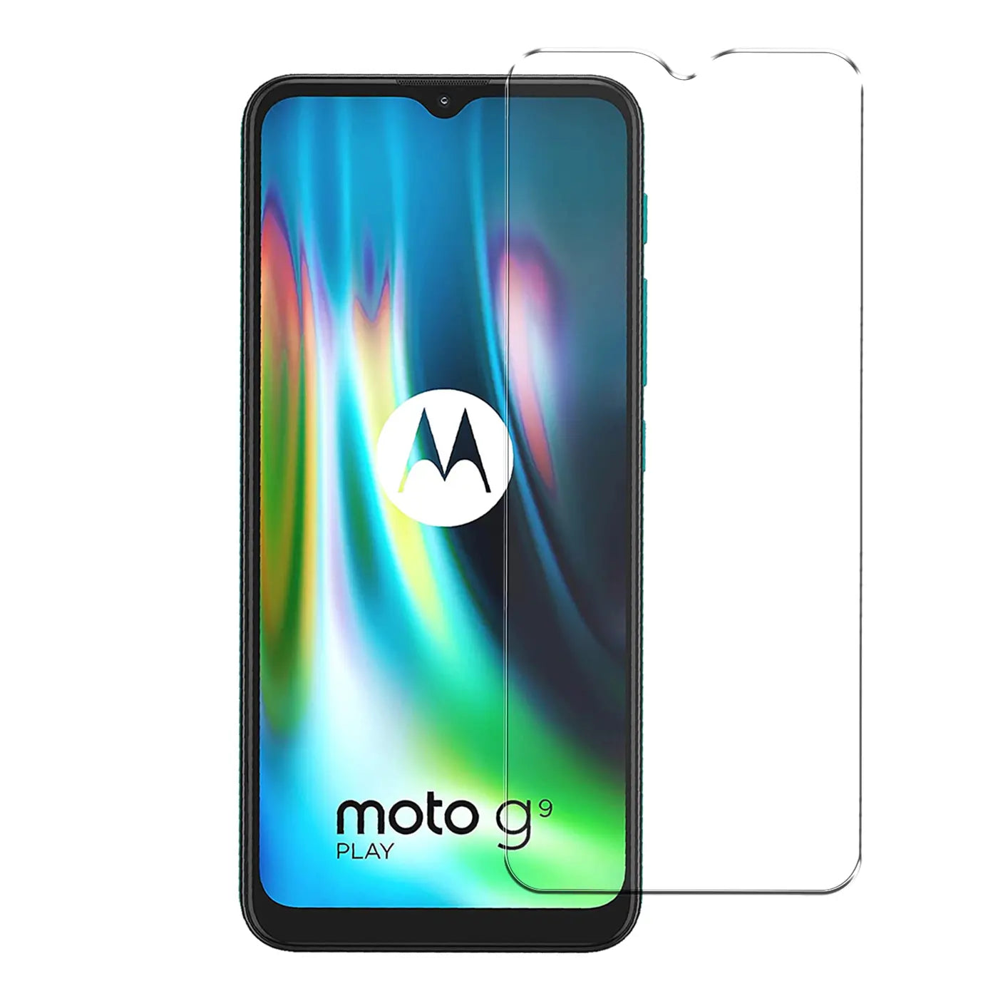 Schwarzes Motorola Moto G9 Play Smartphone mit buntem Display, daneben ein transparentes Panzerglas von vorne.