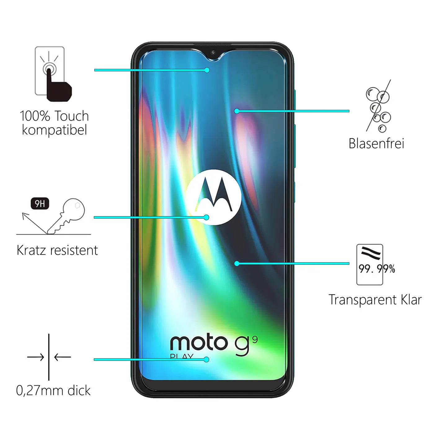 Motorola Moto G9 Play Smartphone von vorne mit transparentem Panzerglas-Displayschutz, umgeben von Infografiken.