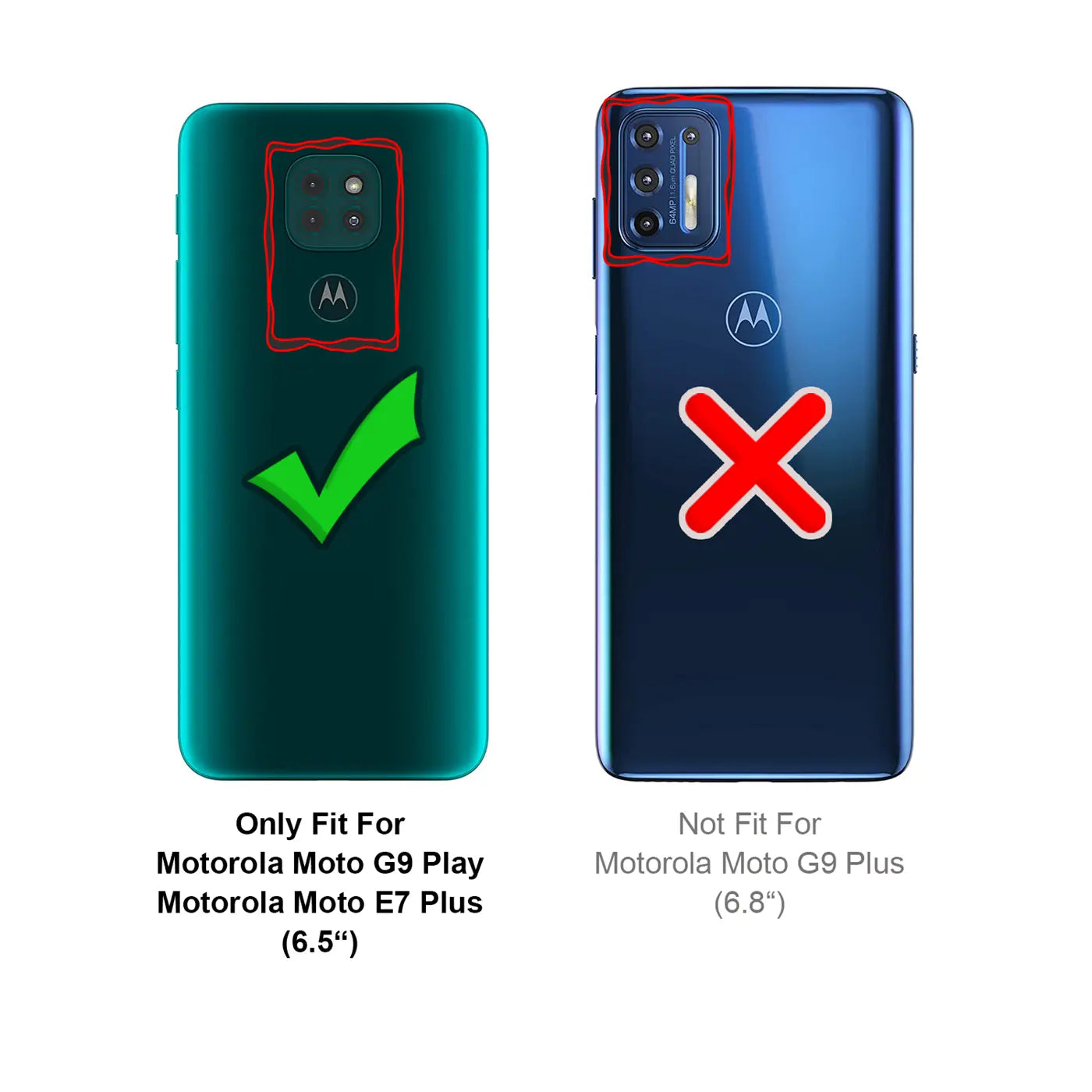 Rückseite von zwei Motorola Handys, links grün mit Haken für G9 Play, rechts blau mit Kreuz für G9 Plus.