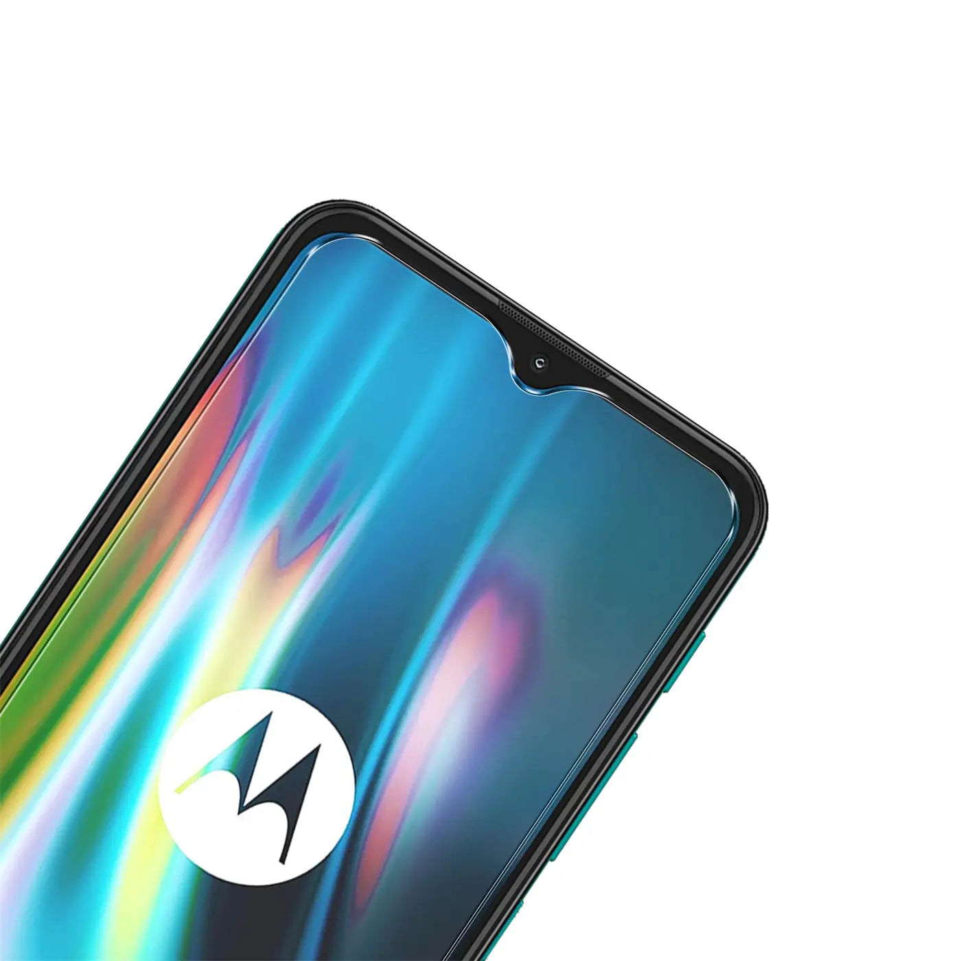 Nahaufnahme des oberen Bereichs eines schwarzen Motorola Moto G9 Play mit glänzendem Displayschutz aus Glas.