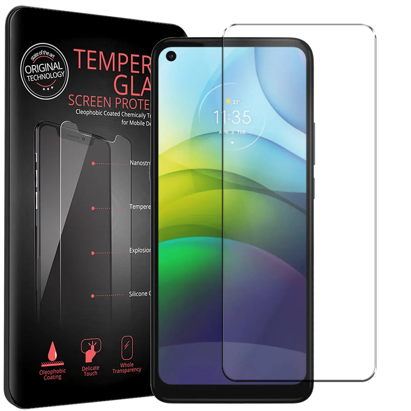 Schwarzes Motorola Moto G9 Power mit Displayschutzfolie aus Glas und Verpackung, schräg von vorne.
