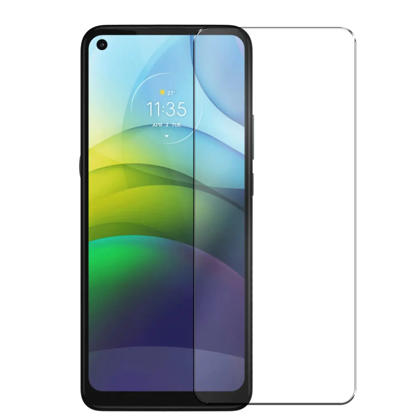 Motorola Moto G9 Power Handy mit aufgelegtem, transparentem Panzerglas-Displayschutz und einem weiteren daneben.