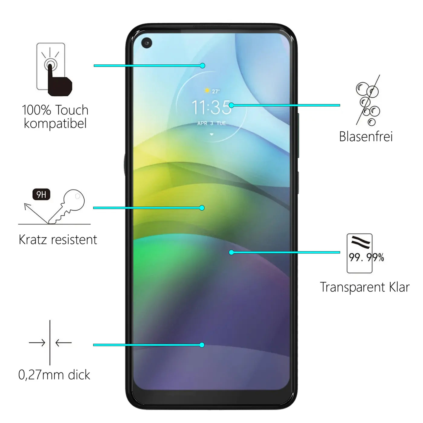 Schwarzes Motorola Moto G9 Power Smartphone frontal mit Display-Schutzfolie und Produktmerkmalen auf weißem Hintergrund.