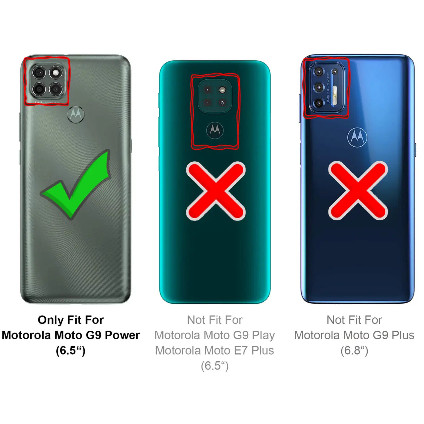 Rückseite von 3 Motorola-Handys: G9 Power (grau, Haken), G9 Play (türkis, X), G9 Plus (blau, X) zur Passform.
