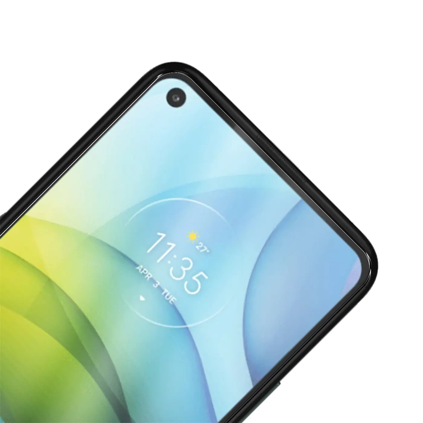 Nahaufnahme des oberen Teils eines schwarzen Motorola Moto G9 Power mit Panzerglas, leicht schräg von oben.