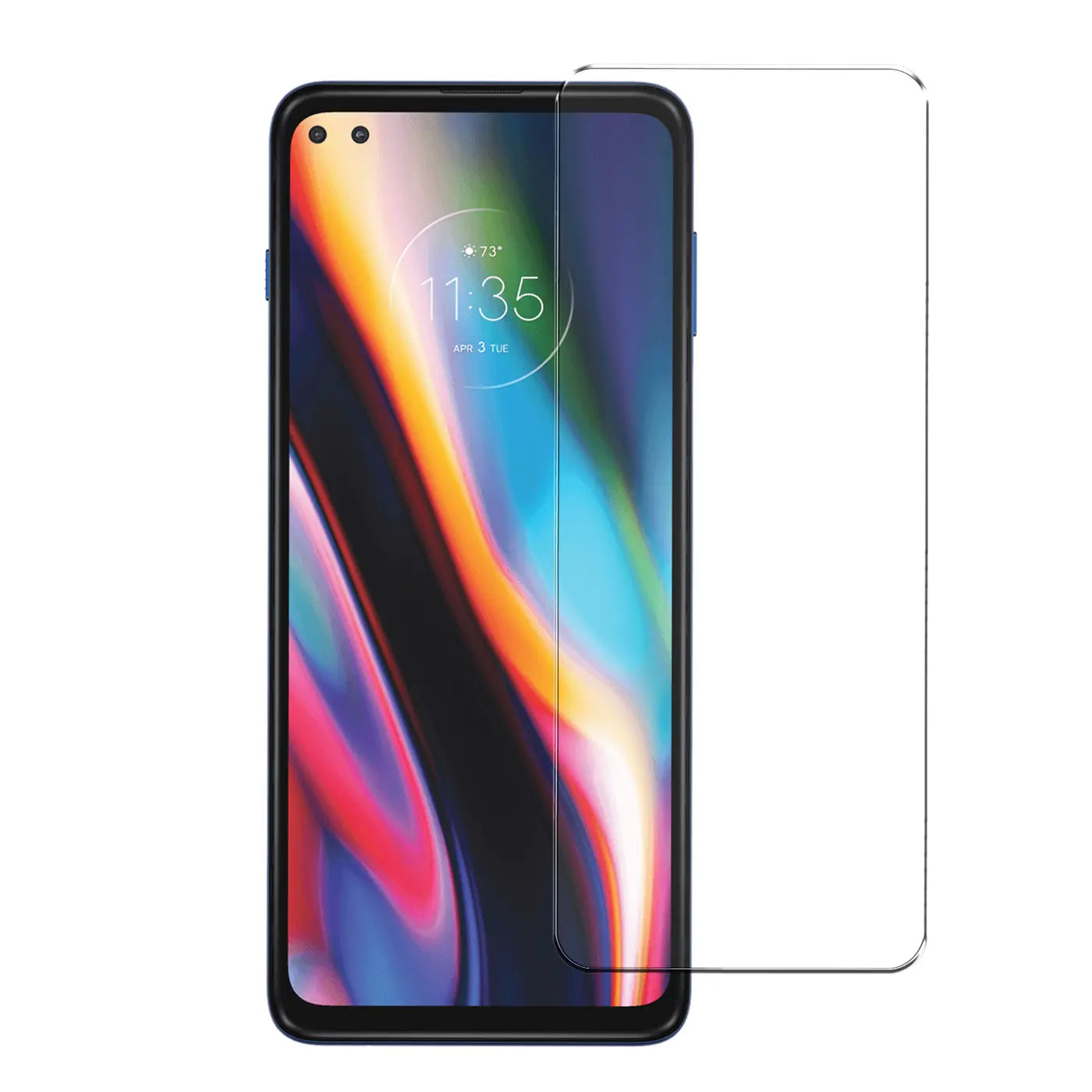 Motorola Moto G 5G Plus, frontal, mit transparentem Panzerglas-Displayschutz daneben, leicht überlappend.
