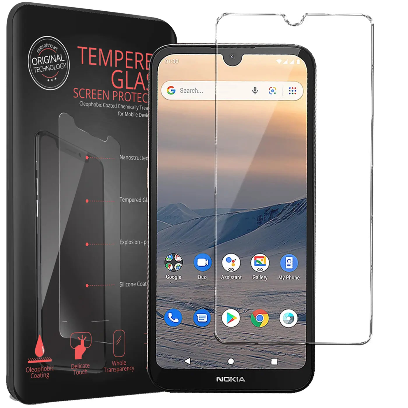 Schwarzes Nokia 1.3 Smartphone mit aufgebrachtem transparenten Panzerglas-Displayschutz und zweitem Schutz daneben.