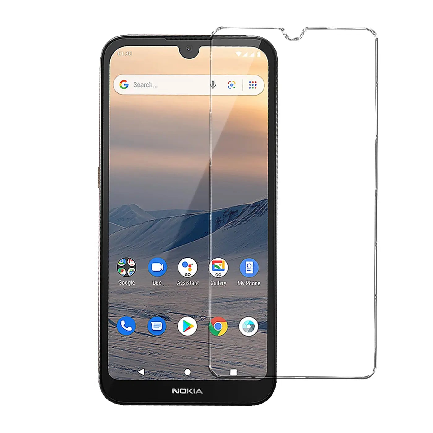 Nokia 1.3 Smartphone mit schwarzem Rahmen, von vorne gesehen, daneben ein klarer Panzerglas Displayschutz.