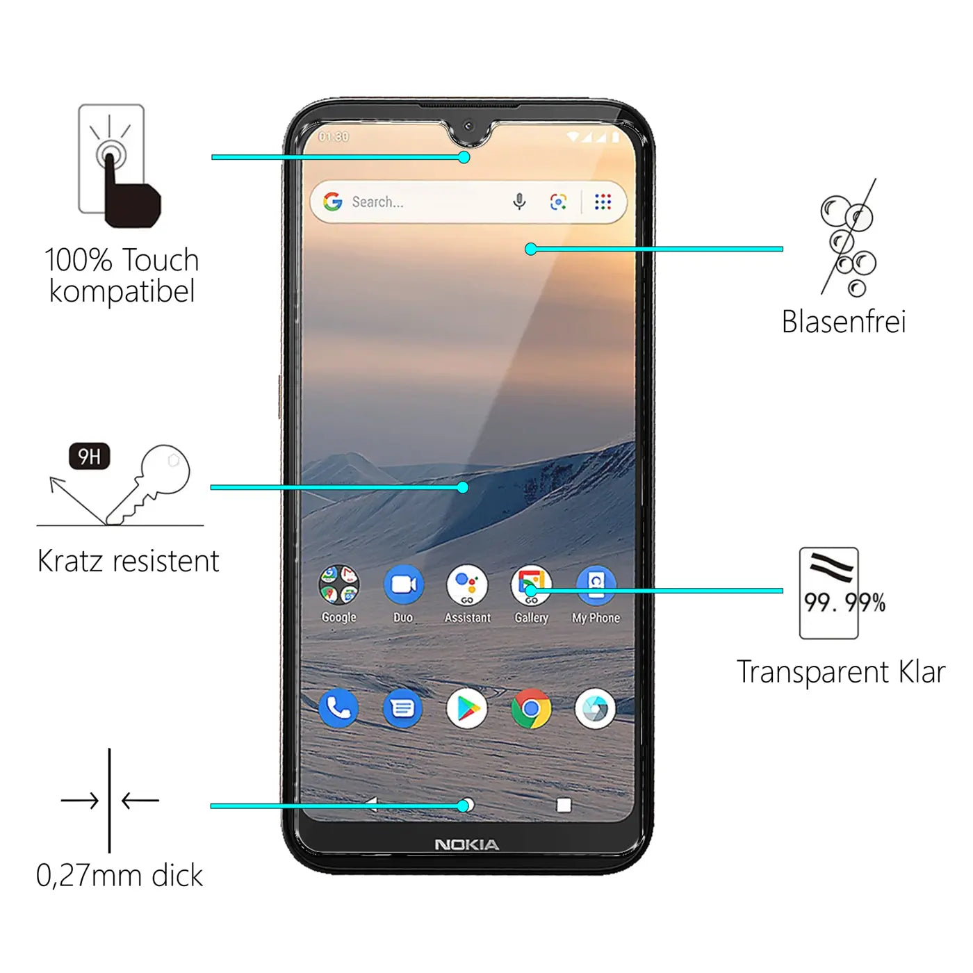 Schwarzes Nokia 1.3 Smartphone mit Panzerglas-Displayschutz, frontal, umgeben von Icons für Eigenschaften wie 9H Härte.