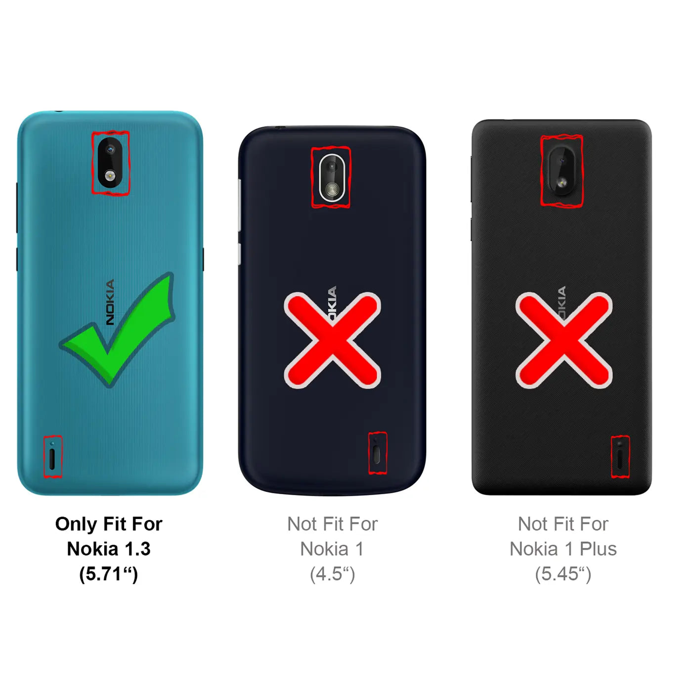 Rückansicht von drei Nokia Smartphones: Türkises Nokia 1.3 mit grünem Haken, blaues Nokia 1 und schwarzes Nokia 1 Plus mit.