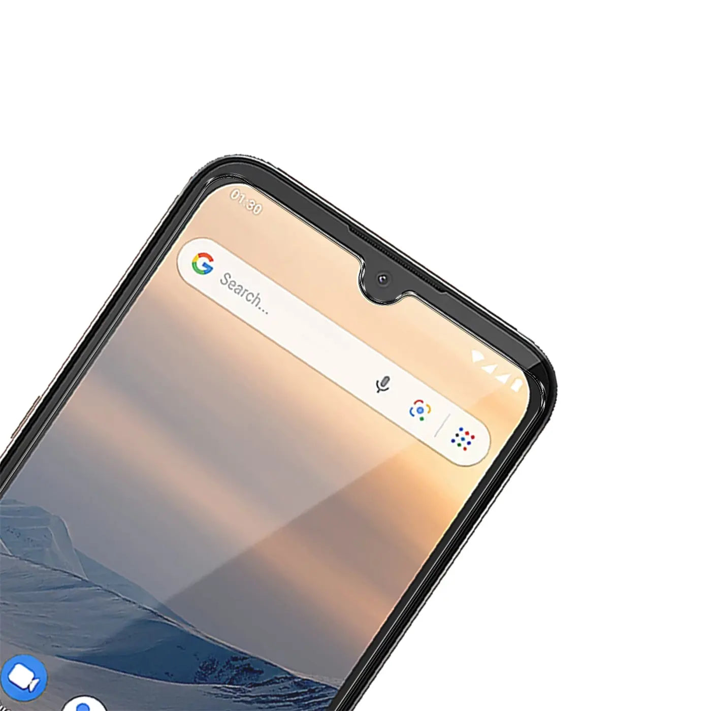 Nahaufnahme eines Nokia 1.3 Smartphones mit schwarzem Rahmen und Wassertropfen-Notch, schräg von oben rechts.