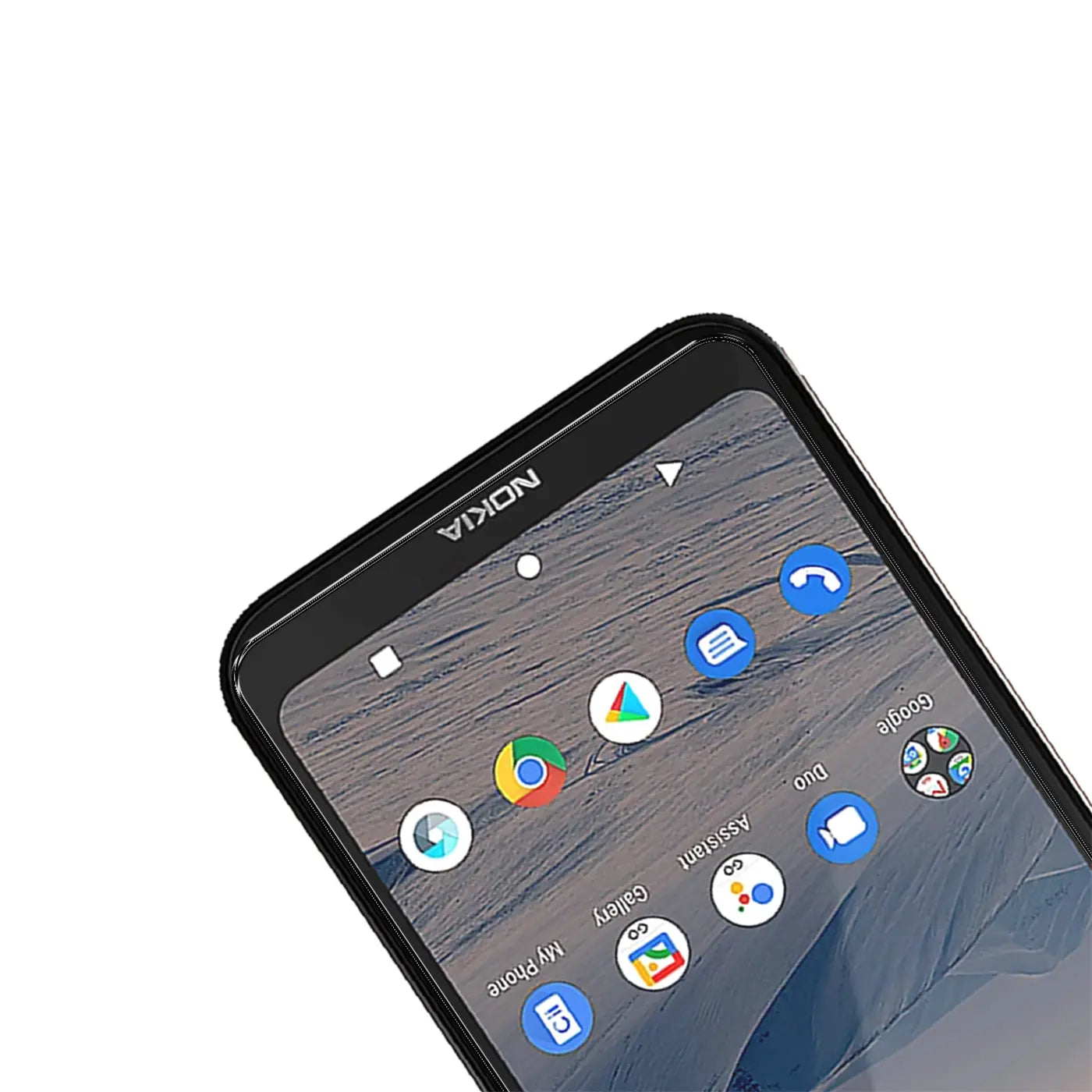Nahaufnahme des oberen linken Bereichs eines schwarzen Nokia 1.3 Smartphones mit Display und App-Icons, schräg von oben.