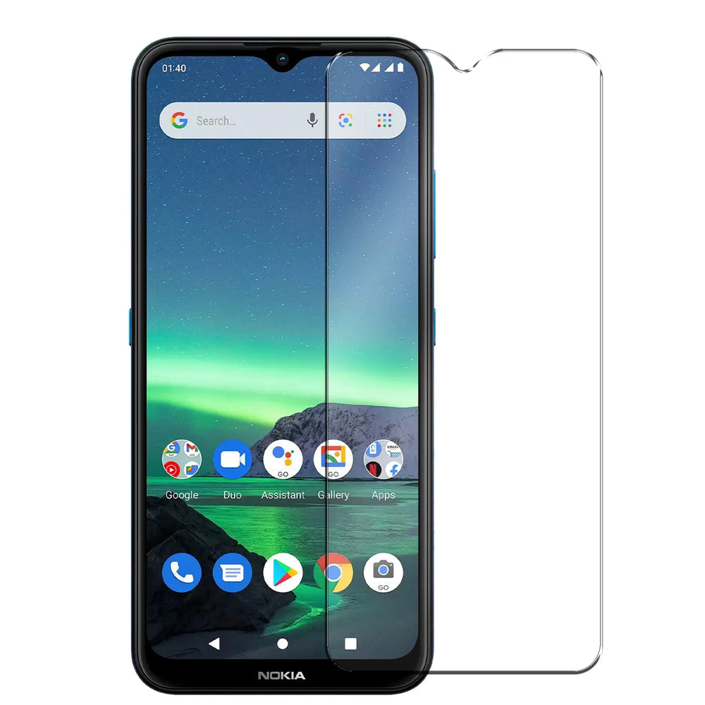 Nokia 1.4 Smartphone mit schwarzem Rahmen, blauen Tasten und einem transparenten Panzerglas-Displayschutz daneben.