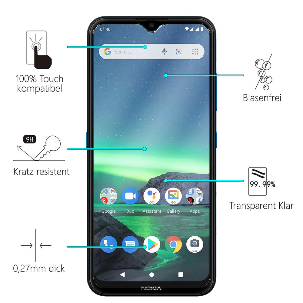 Schwarzes Nokia 1.4 Smartphone frontal, mit Display-Schutzfolie und Merkmalen wie "Kratz resistent" und "Blasenfrei".