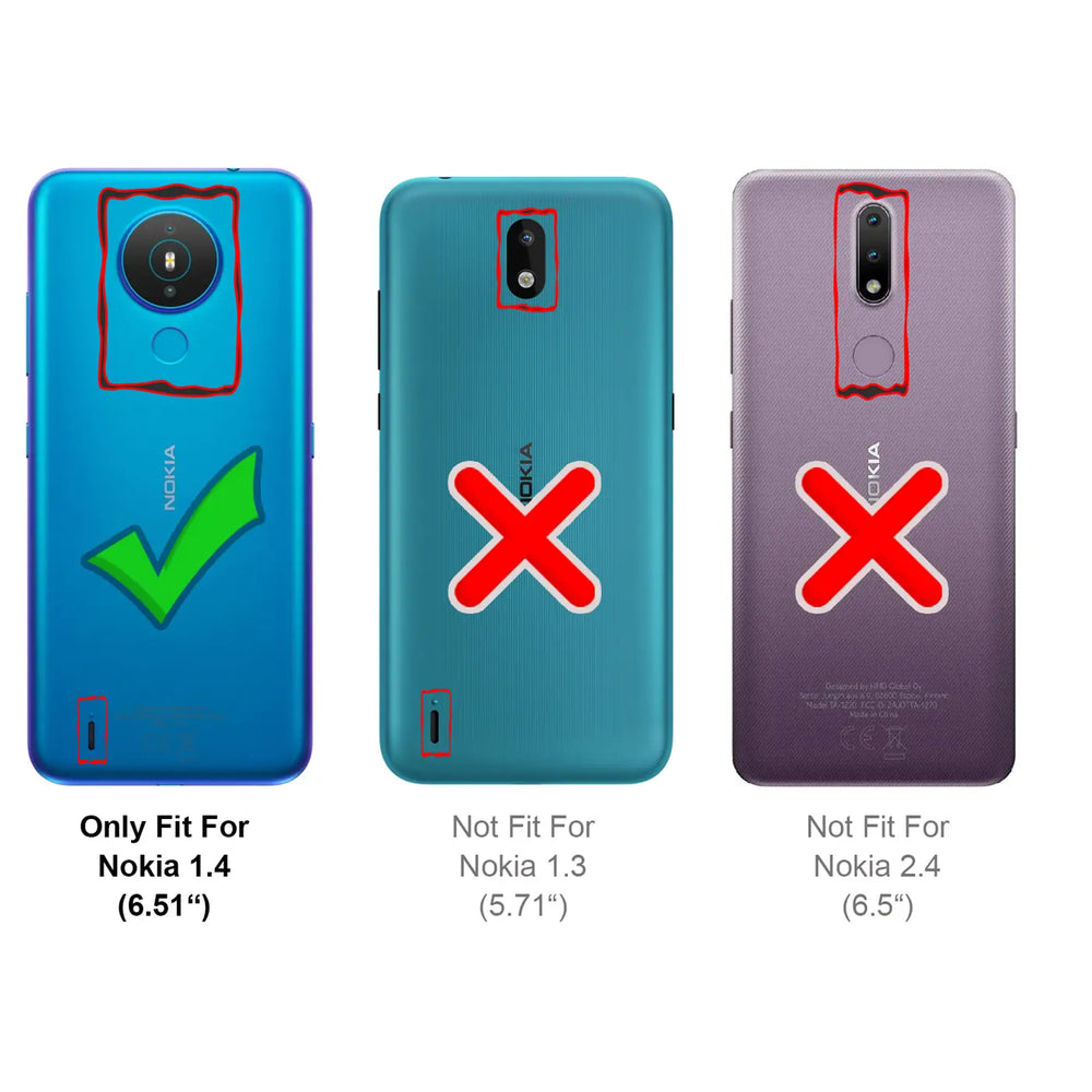 Rückansicht von drei Nokia Smartphones (blau, türkis, lila) mit Markierungen für Passgenauigkeit des Displayschutzes.
