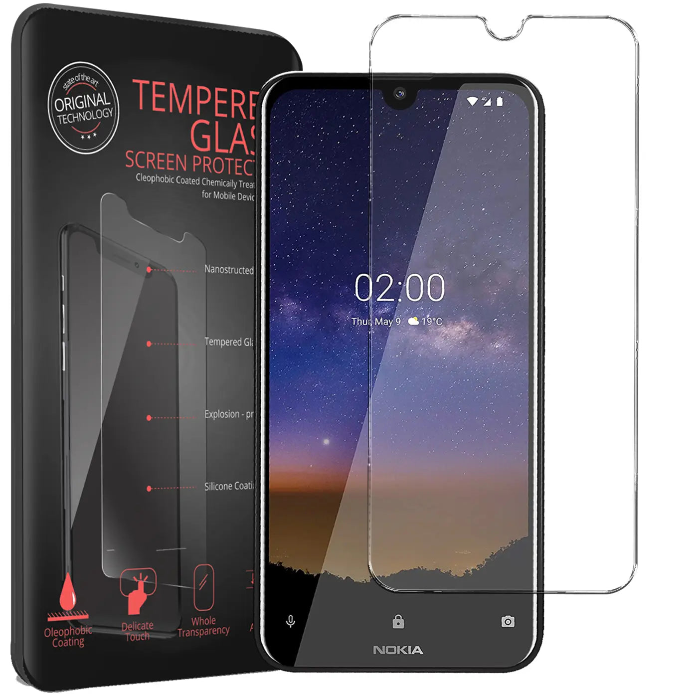 Schwarzes Nokia 2.2 Smartphone mit Displayschutzfolie, daneben eine weitere transparente Panzerglasfolie und die schwarze.