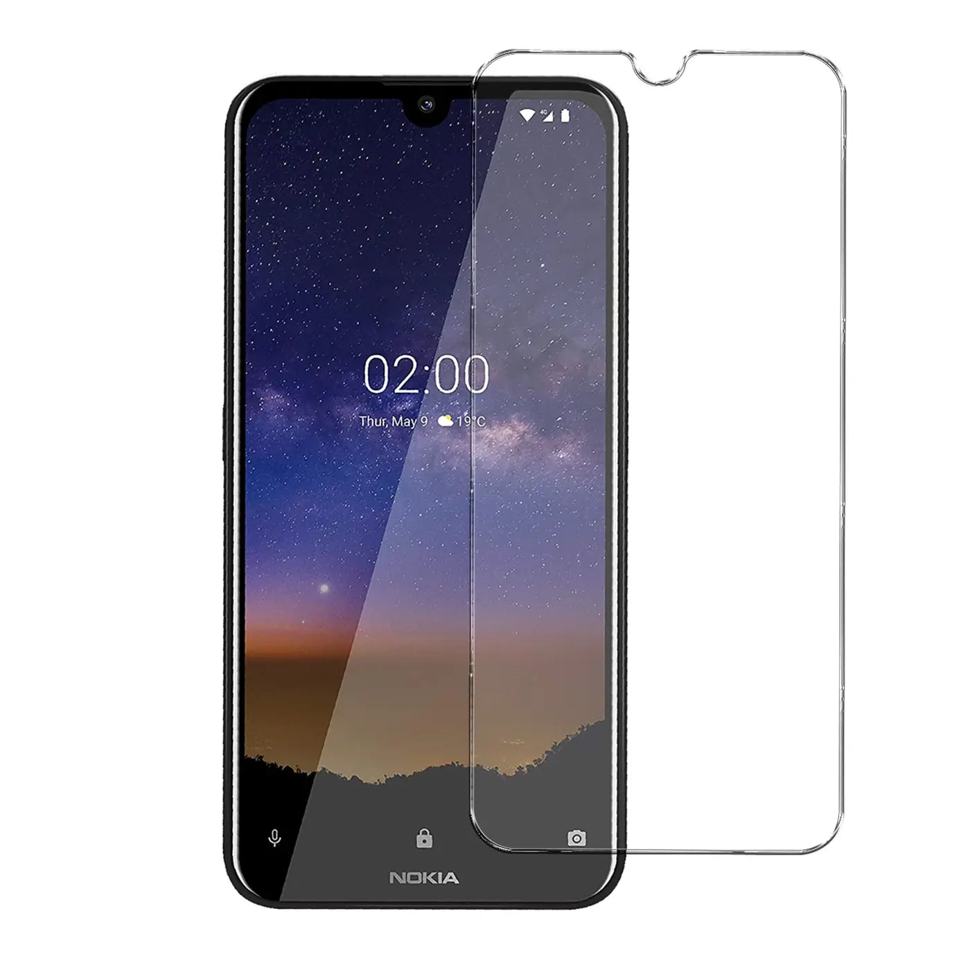 Schwarzes Nokia 2.2 Smartphone mit transparentem Panzerglas-Displayschutz von vorne, leicht nach rechts versetzt.