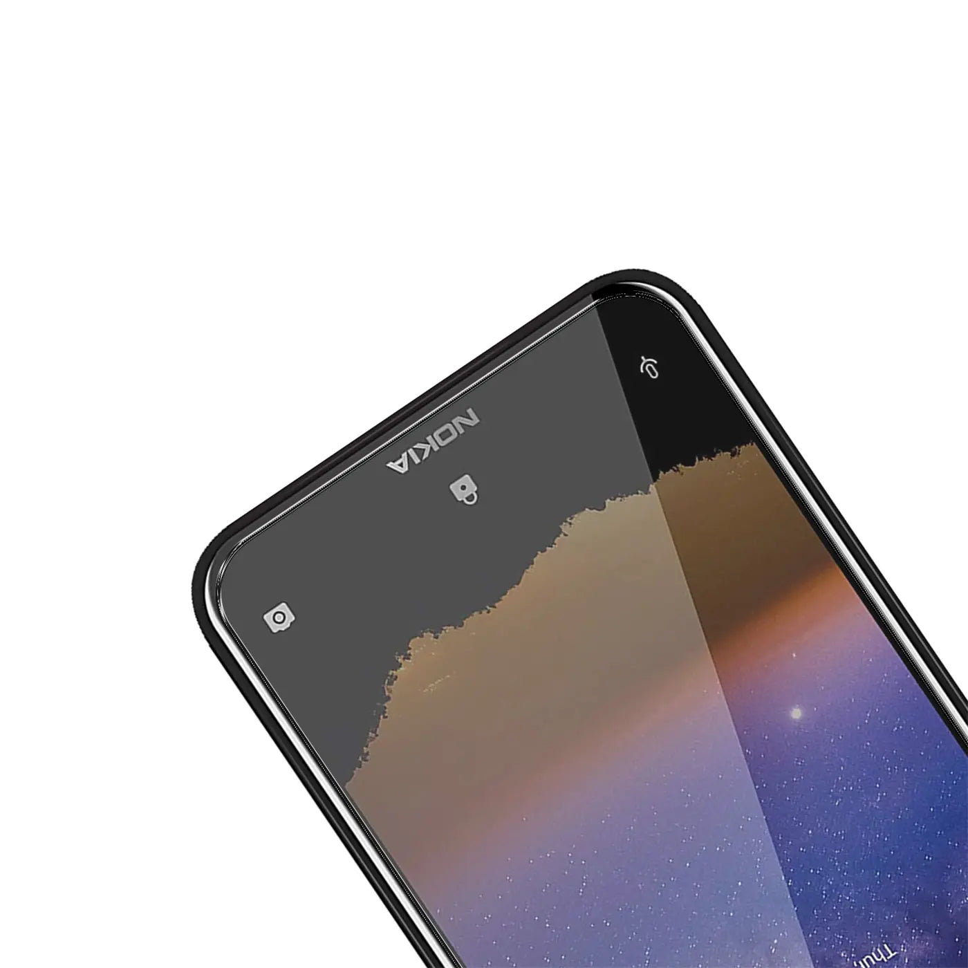 Nahaufnahme des oberen Teils eines Nokia 2.2 Smartphones mit schwarzem Rahmen und Panzerglas-Displayschutz.