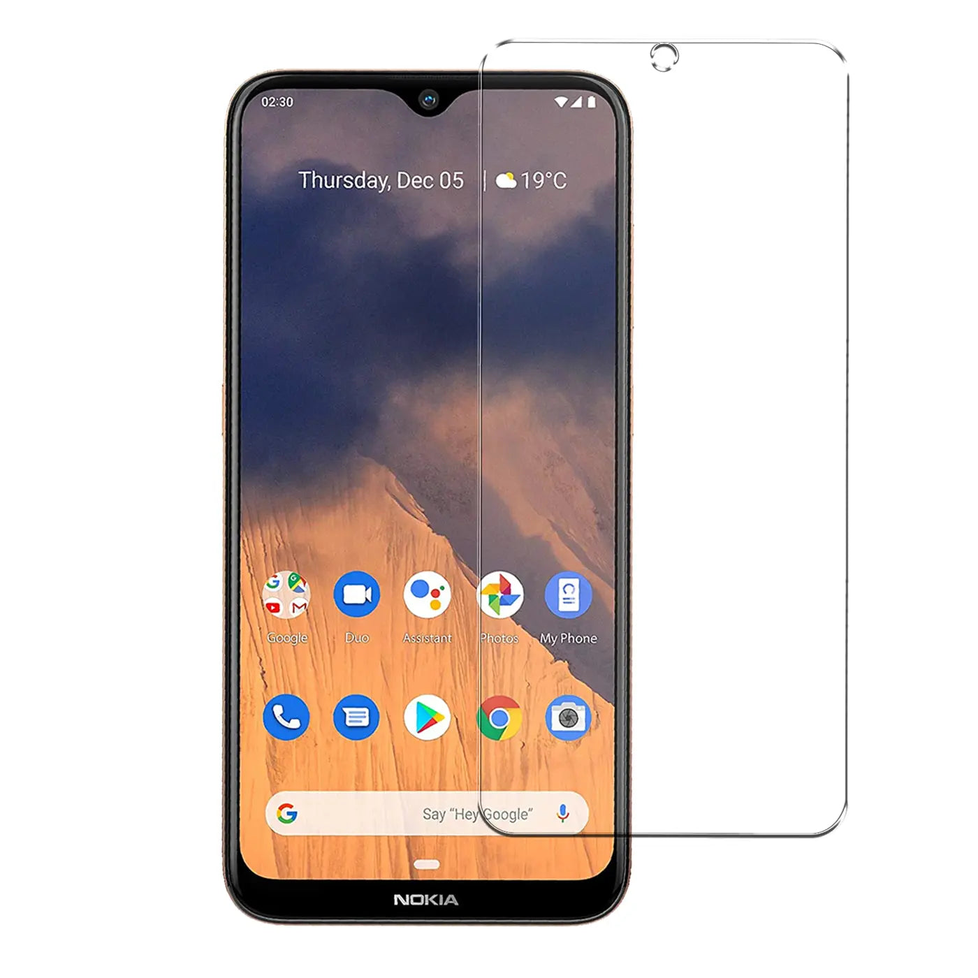 Transparentes Panzerglas für Nokia 2.3, mit Aussparung für Frontkamera, neben einem schwarzen Nokia 2.3.