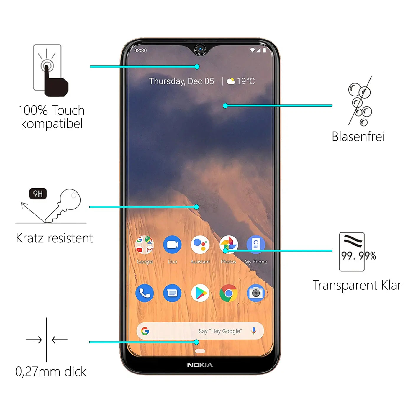 Schwarzes Nokia 2.3 Smartphone, frontal, mit Display-Schutzfolie und Produktmerkmalen wie "Kratz resistent" und "Blasenfrei".