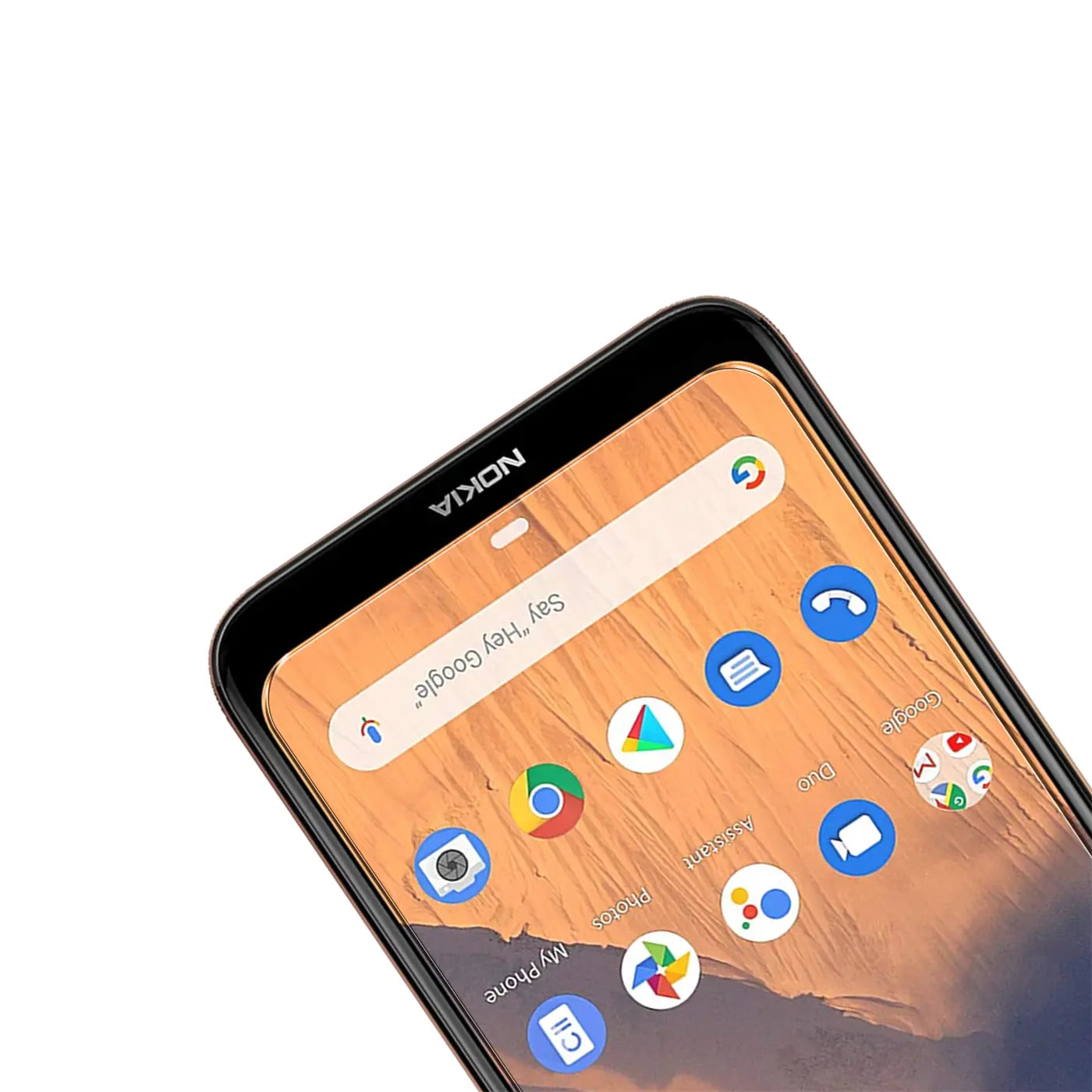 Schwarzes Nokia 2.3 Smartphone, Display mit Apps und "Say Hey Google" Suchleiste, schräg von oben.