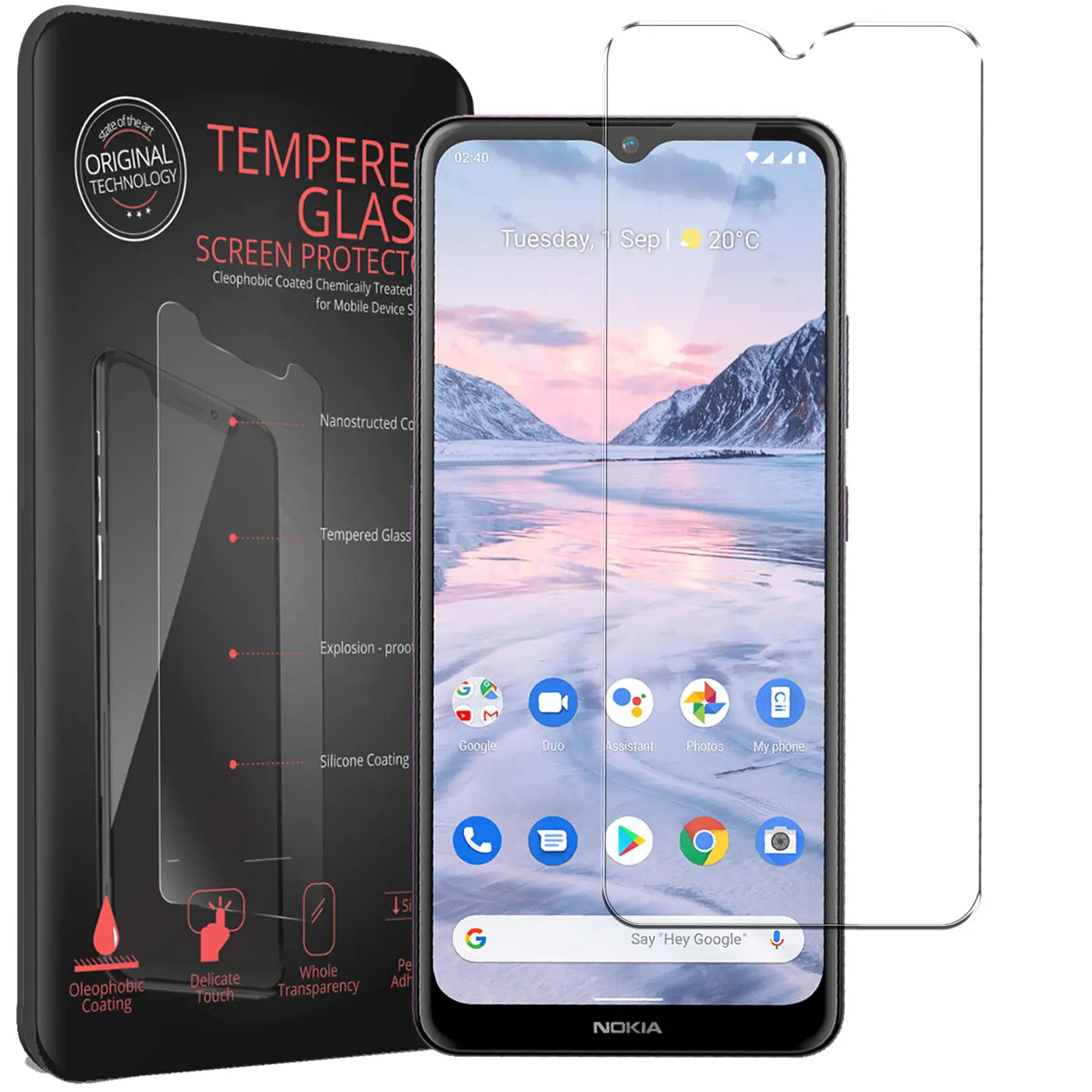 Schwarzes Nokia 2.4 Smartphone mit angebrachtem Panzerglas und ein weiteres Panzerglas daneben, von vorne.