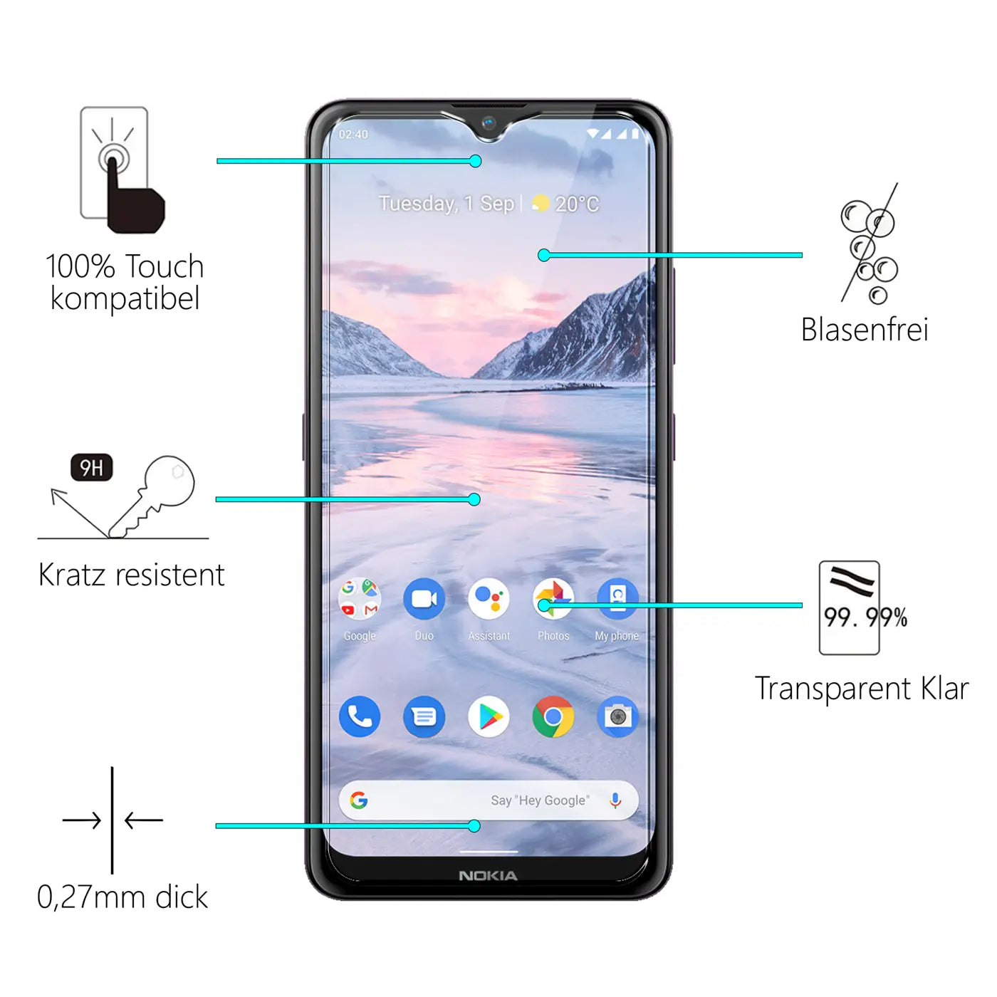Schwarzes Nokia 2.4 Smartphone frontal mit Display und Piktogrammen für Panzerglas-Eigenschaften: kratzresistent.