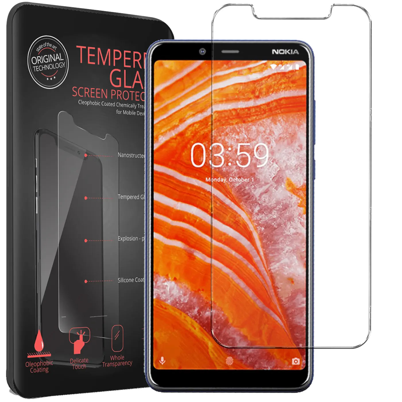 Schwarze Verpackung, Nokia 3.1 Plus Handy mit orangem Display und ein transparentes Panzerglas von vorne.