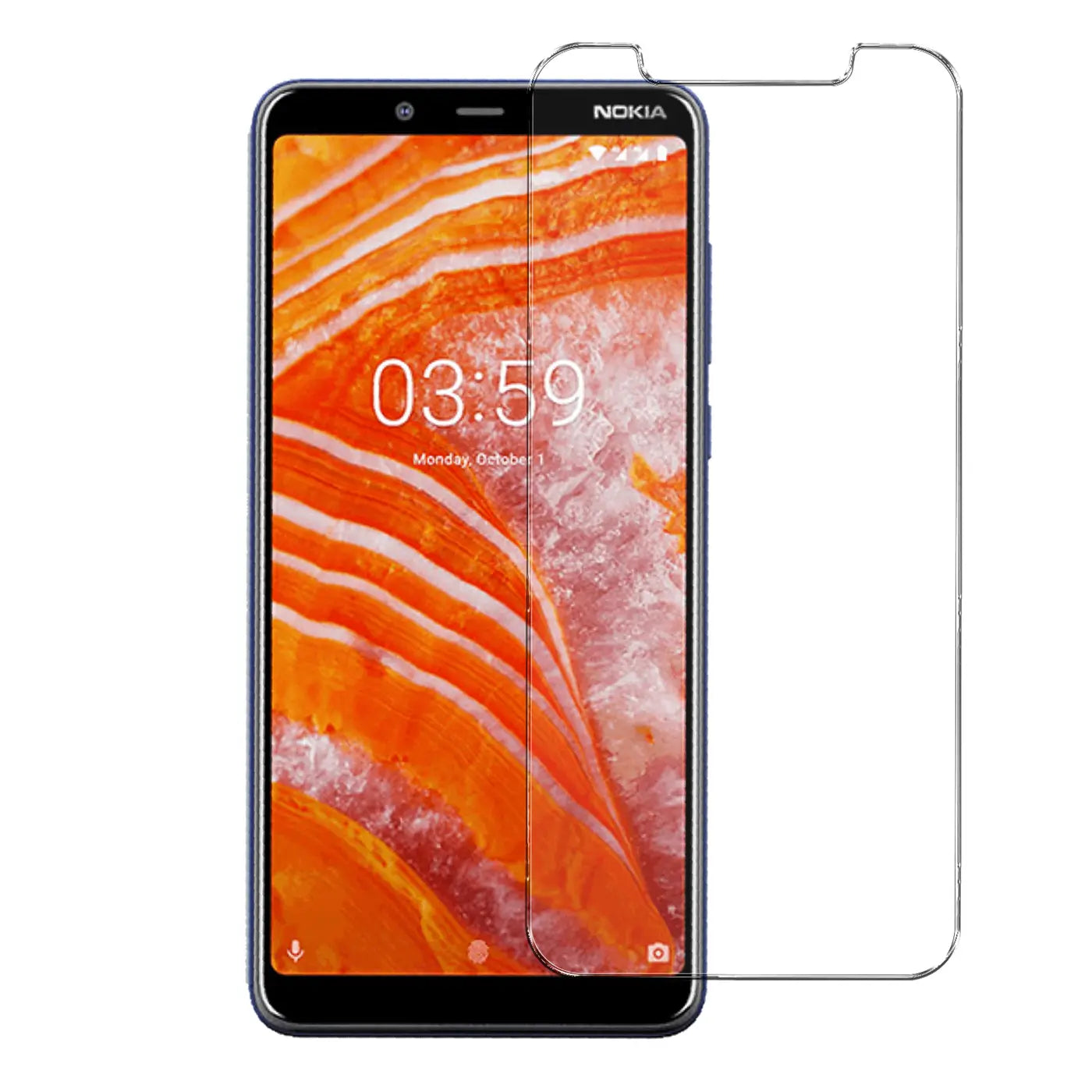 Transparente Panzerglas-Displayschutzfolie, halb auf einem blauen Nokia 3.1 Plus Smartphone von vorne.
