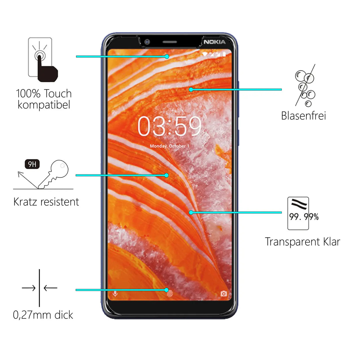 Kratzfeste und bruchsichere 9H Panzerfolie für Nokia 3.1 Plus