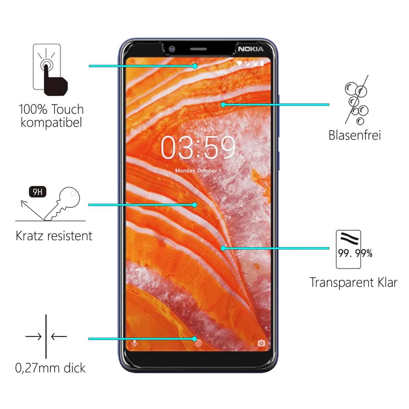 Vorderansicht eines schwarzen Nokia 3.1 Plus Smartphones mit orangefarbenem Display und Infografiken zu.