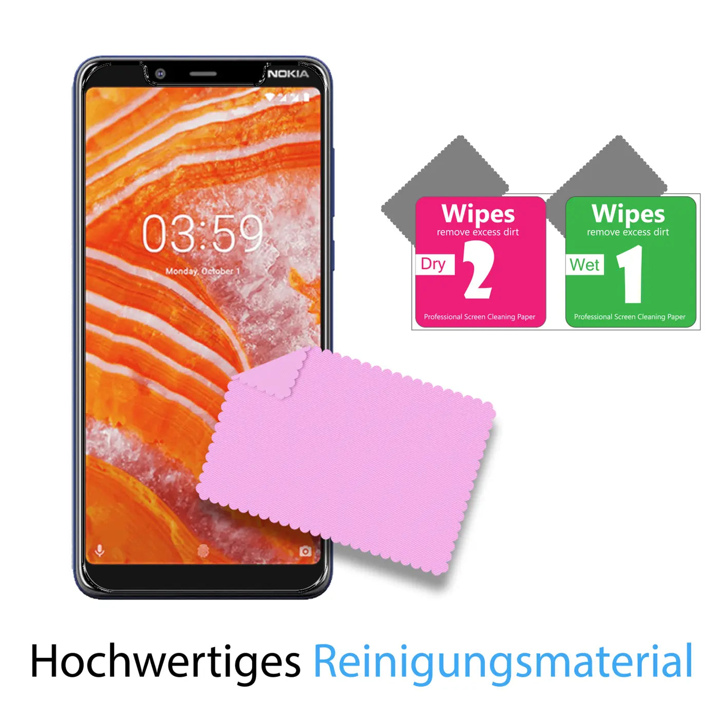 Blaues Nokia 3.1 Plus Smartphone mit orangefarbenem Display, rosa Reinigungstuch und zwei "Wipes" Reinigungstüchern.