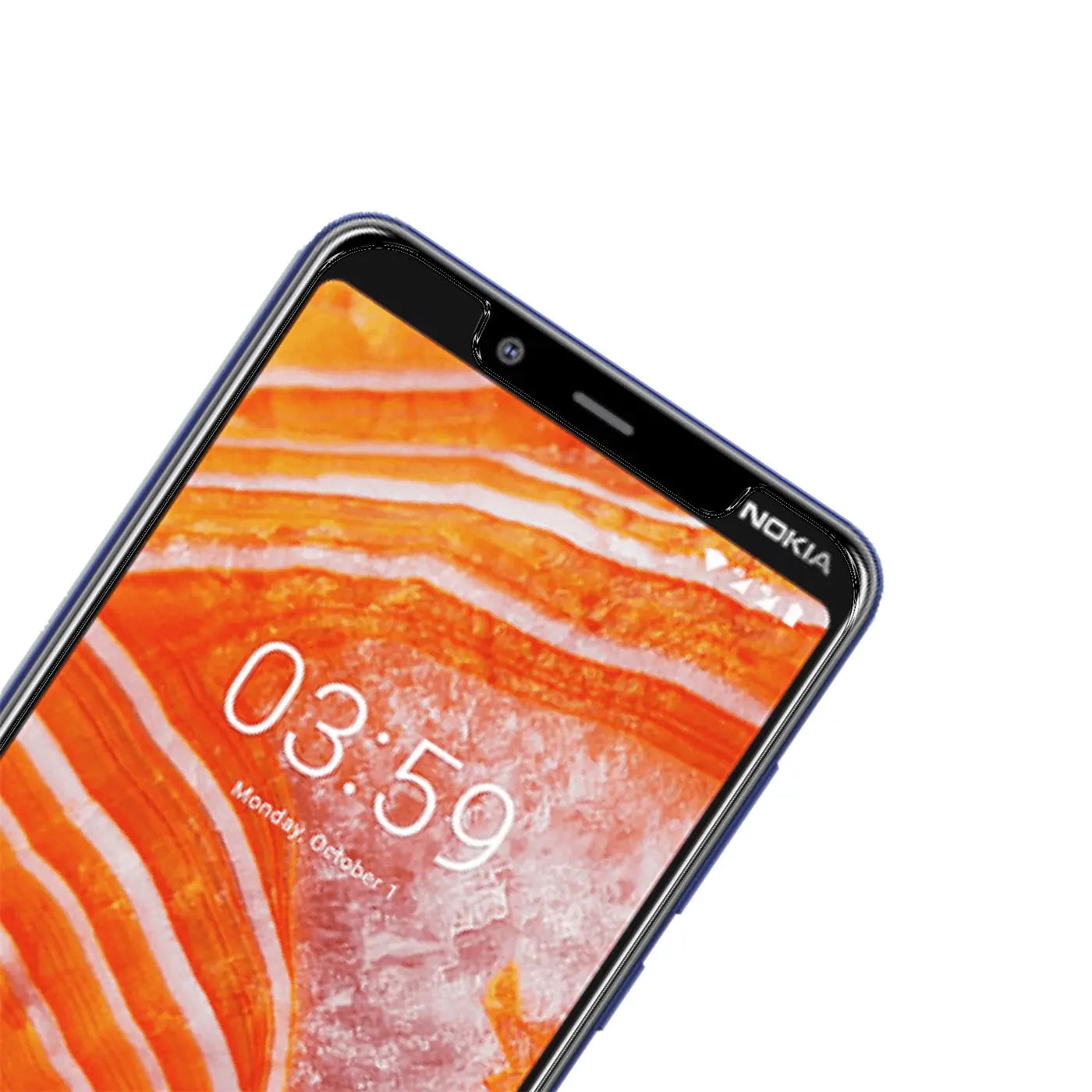 Nahaufnahme eines blauen Nokia 3.1 Plus Smartphones mit orangefarbenem Display, schräg von oben rechts fotografiert.