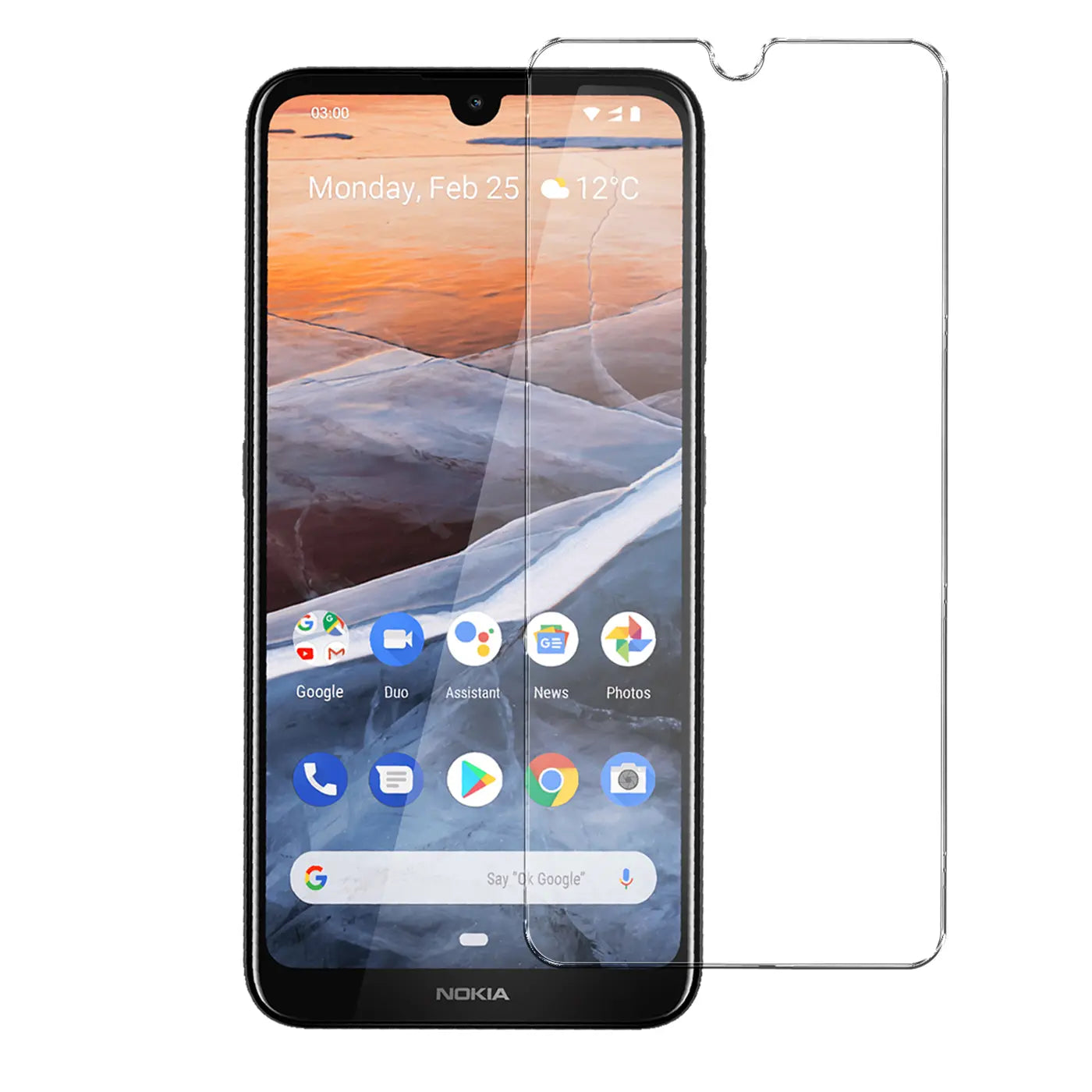 Transparentes Panzerglas für Nokia 3.2, mit Aussparung für die Notch, schräg über dem Display platziert.