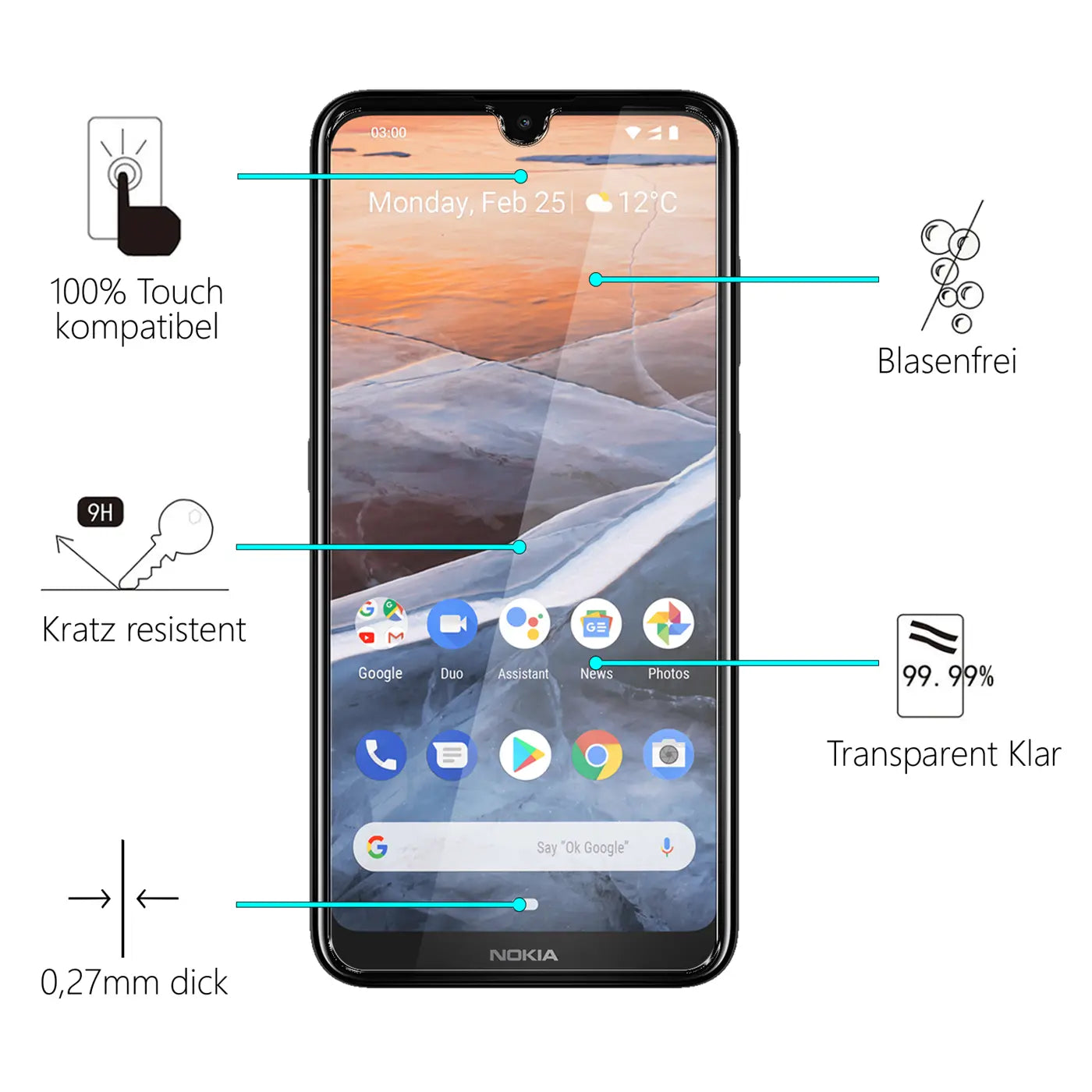 Nokia 3.2 Smartphone mit transparentem Panzerglas-Displayschutz, von vorne, umgeben von Icons mit Produktmerkmalen.