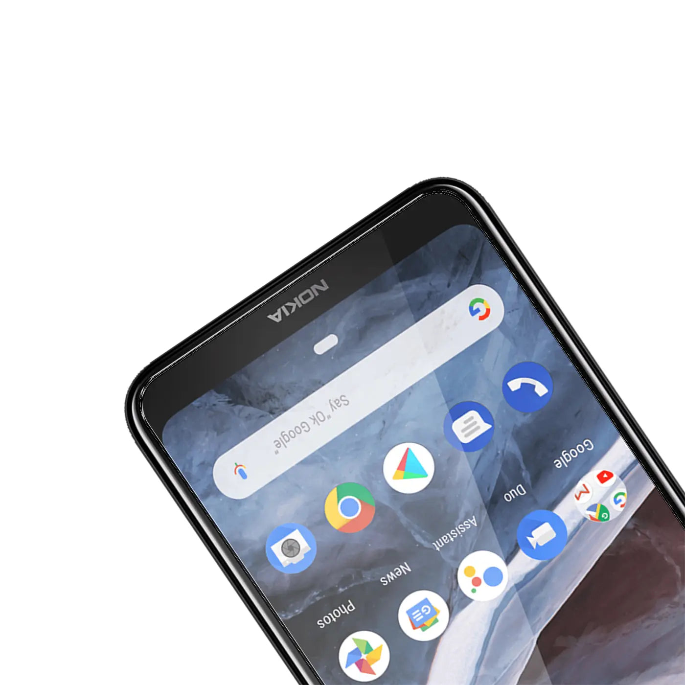 Schwarzes Nokia 3.2 Smartphone, Display mit Google-Suchleiste und App-Icons, schräg von oben rechts.